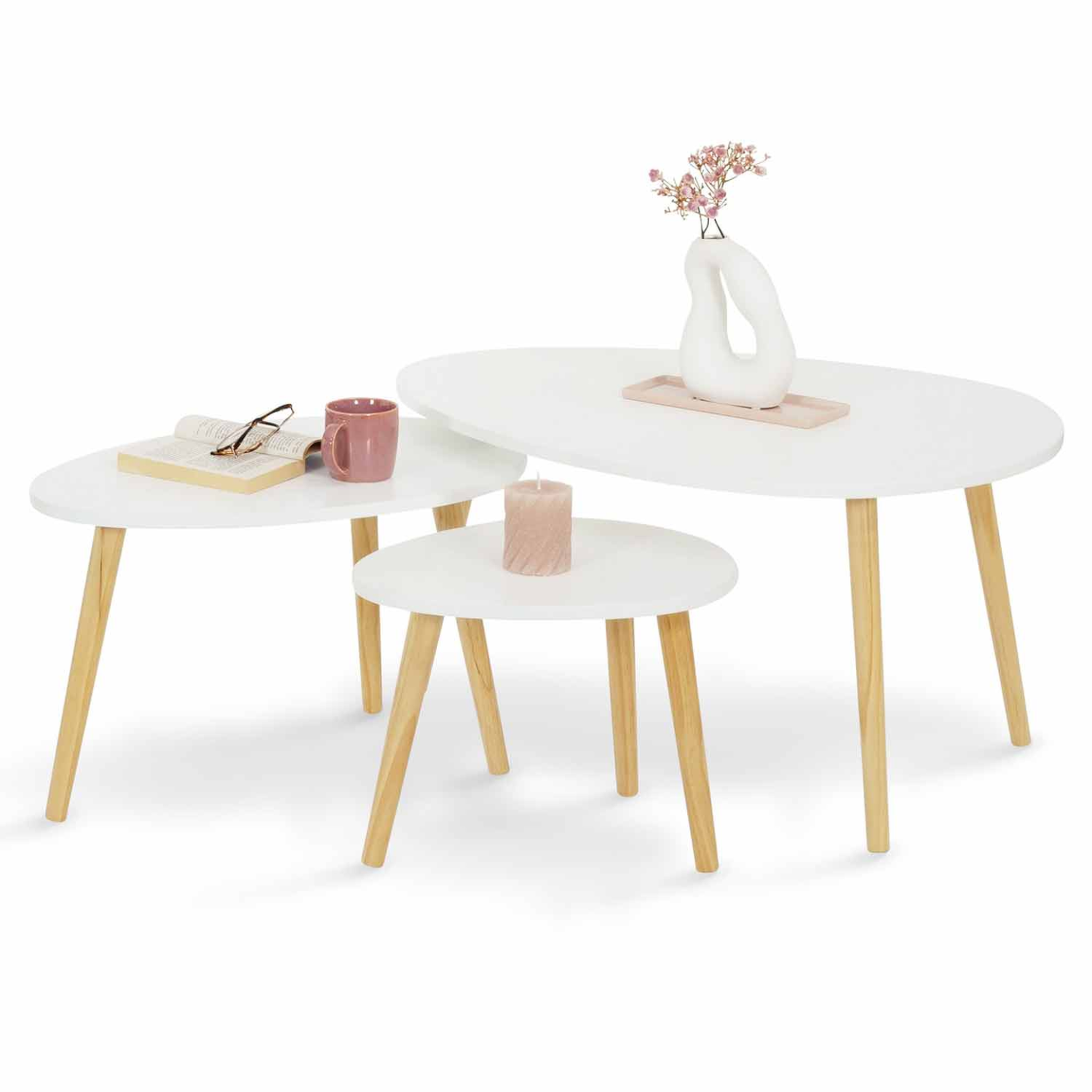 ID MARKET Lot de 3 tables basses gigognes gaia blanc scandinave