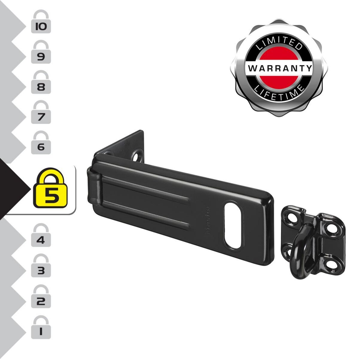 Master lock 704EURDBLK Moraillon pour Verrouillage de Porte Extérieure, 11 x 4,4 cm, Noir