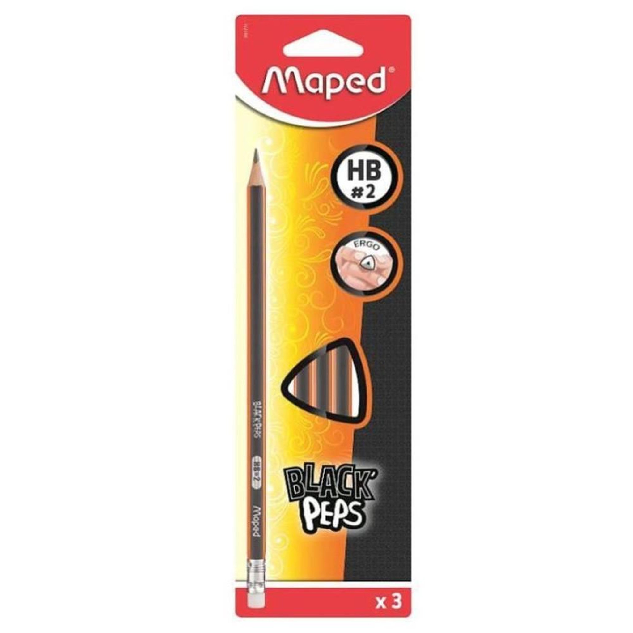 MAPED Lot de 3 crayons graphite HB noirs à pointe gomme, forme triangulaire ergonomique