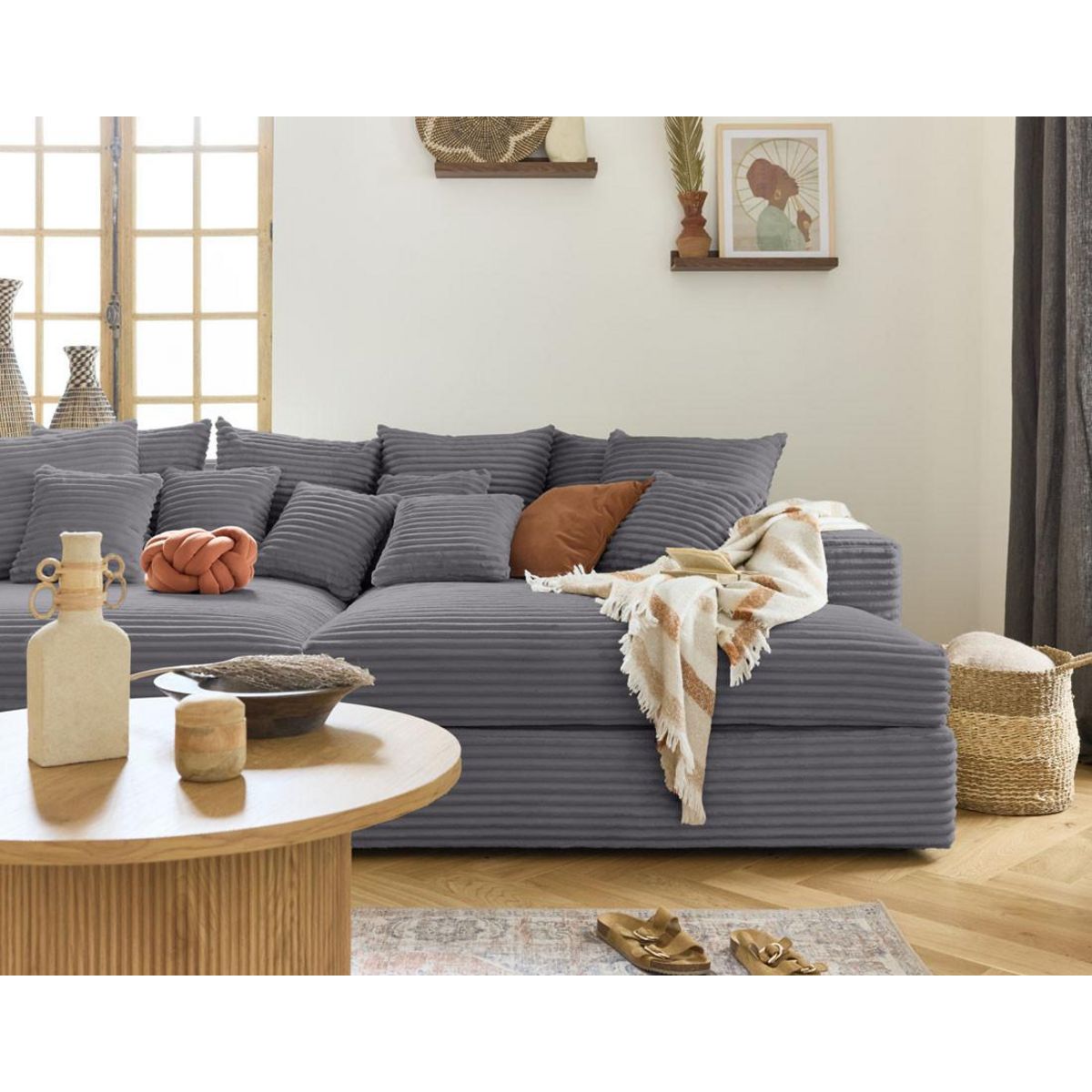 LISA DESIGN Collins - canapé droit 4 places avec double méridienne - assise profonde - velours côtelé grosses côtes