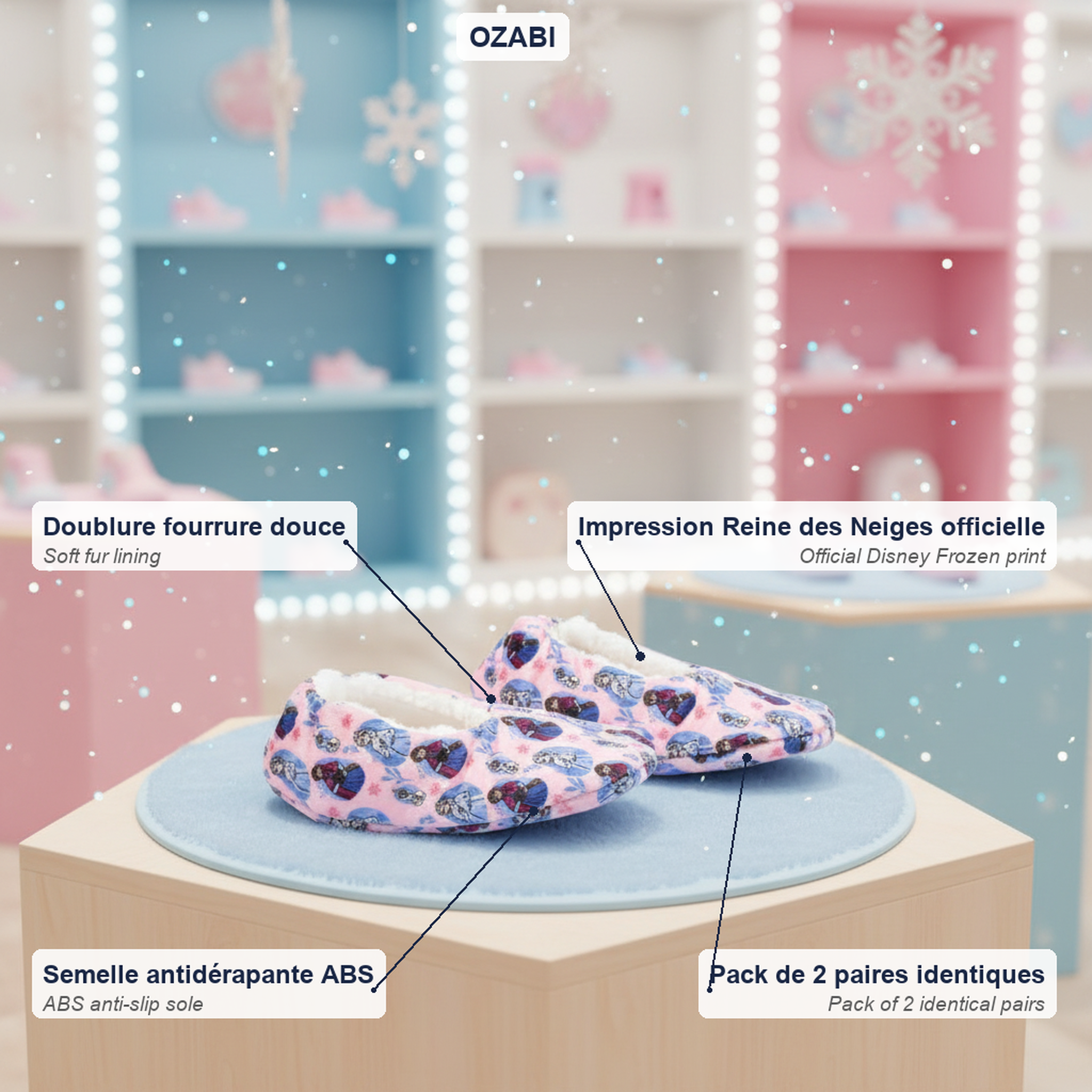 Voir la diapositive 4 : DISNEY Ozabi pack 2 paires chaussons fille disney fourrés antidérapants