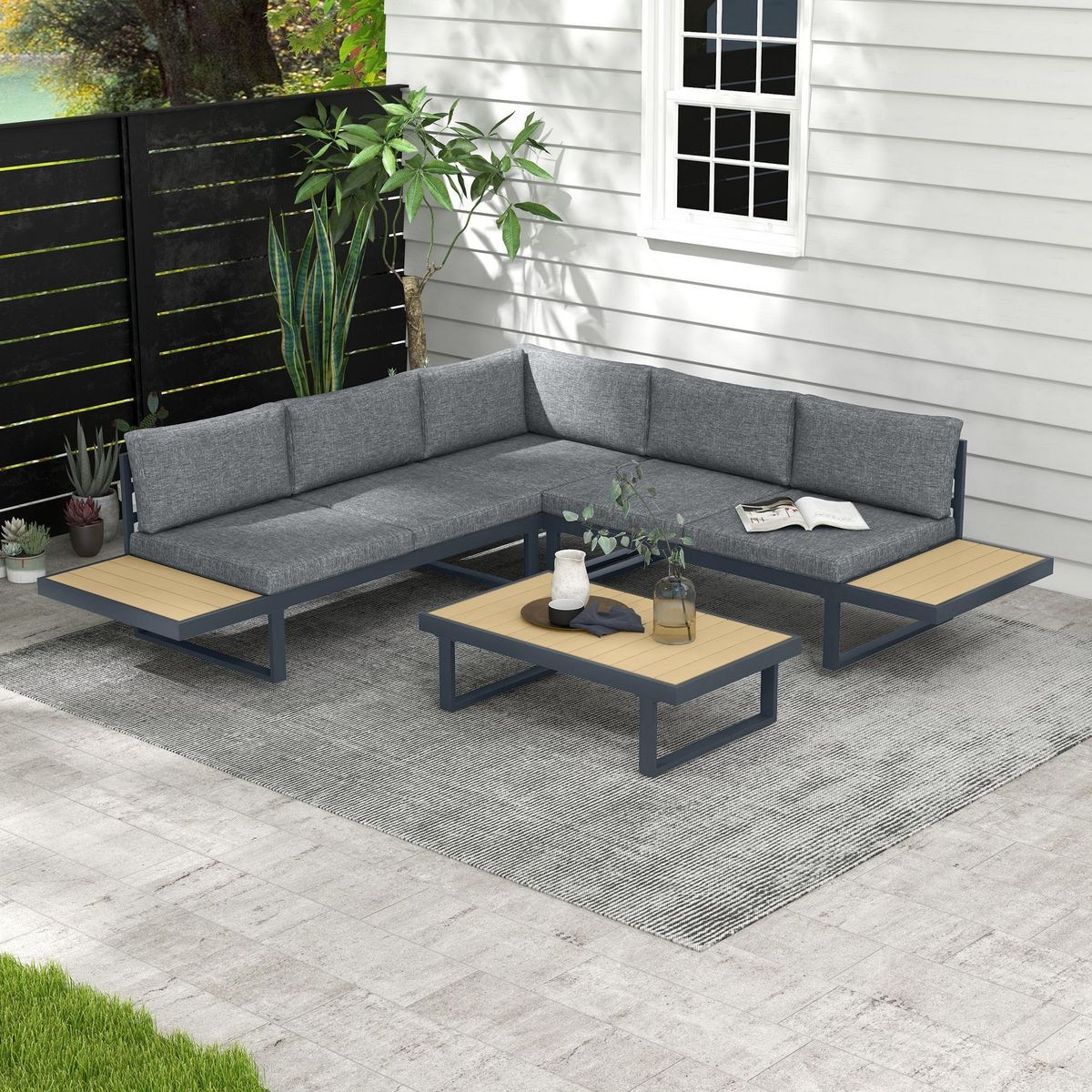 OUTSUNNY Salon de jardin d'angle 5 places avec table basse coussins alu gris aspect bois