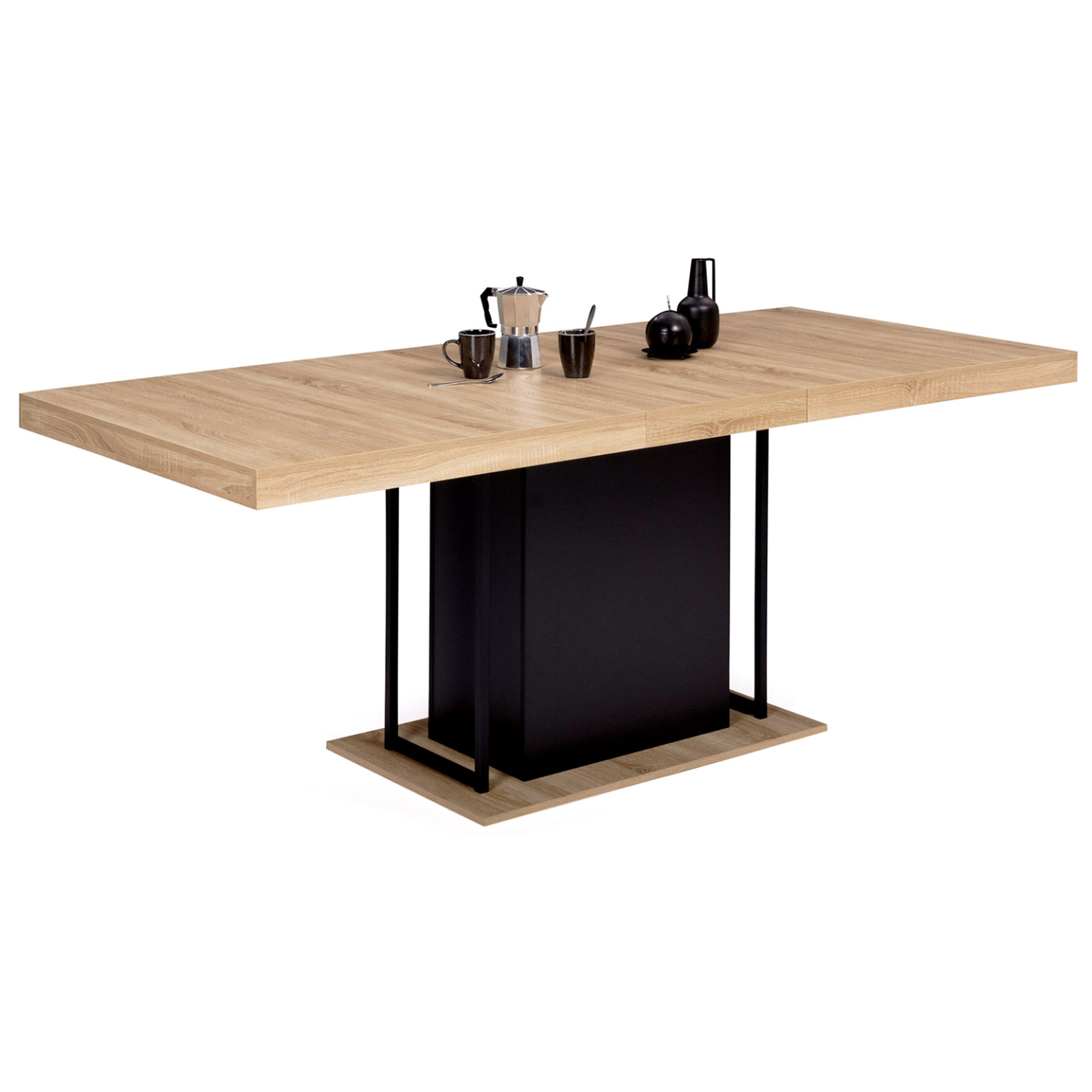 ID MARKET Table à manger extensible rectangle ugo 6-10 personnes bois façon hêtre et noir 160-200 cm