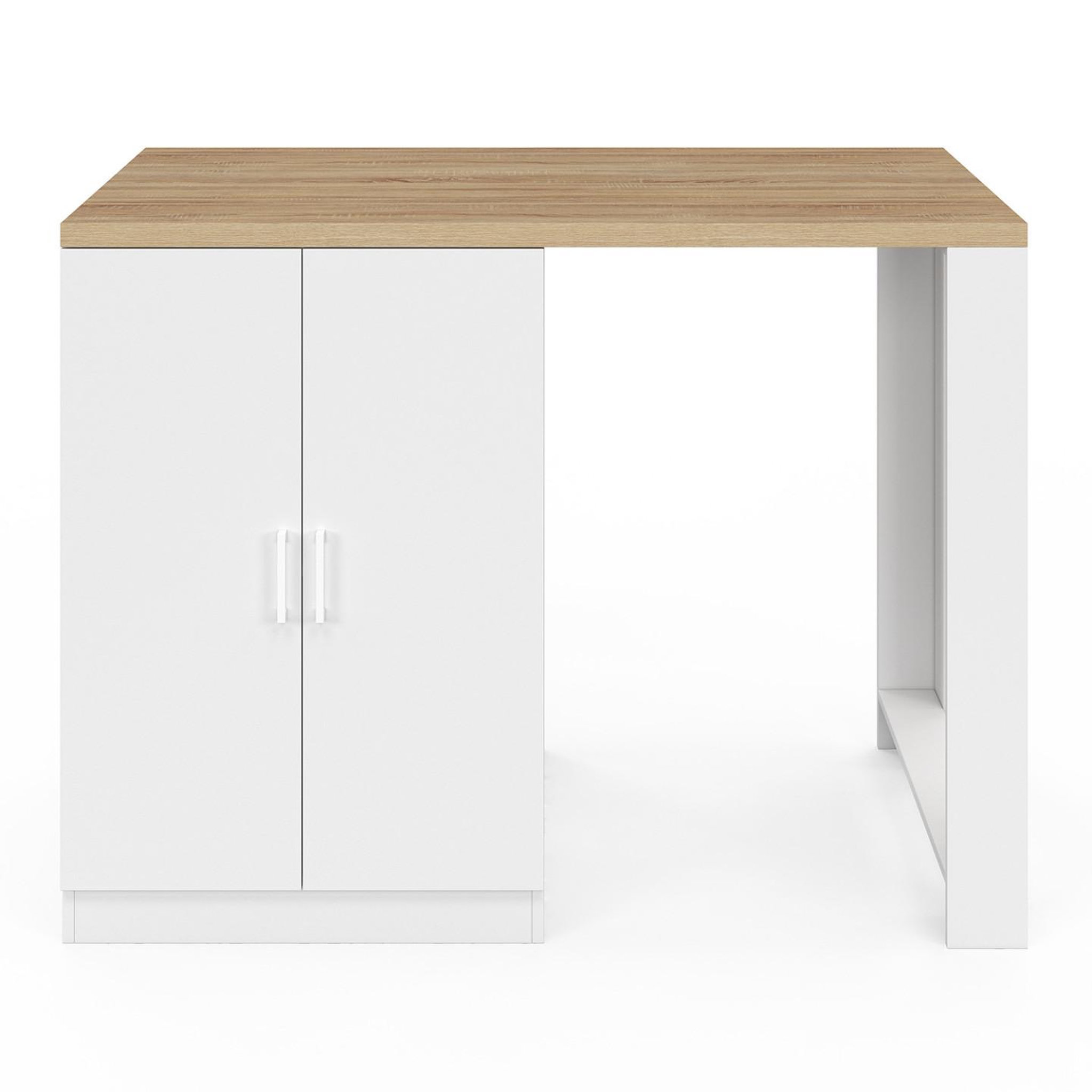 Voir la diapositive 4 : ID MARKET Ilot central lino 120 cm 2 personnes bois blanc et plan de travail façon hêtre et portes vitrées
