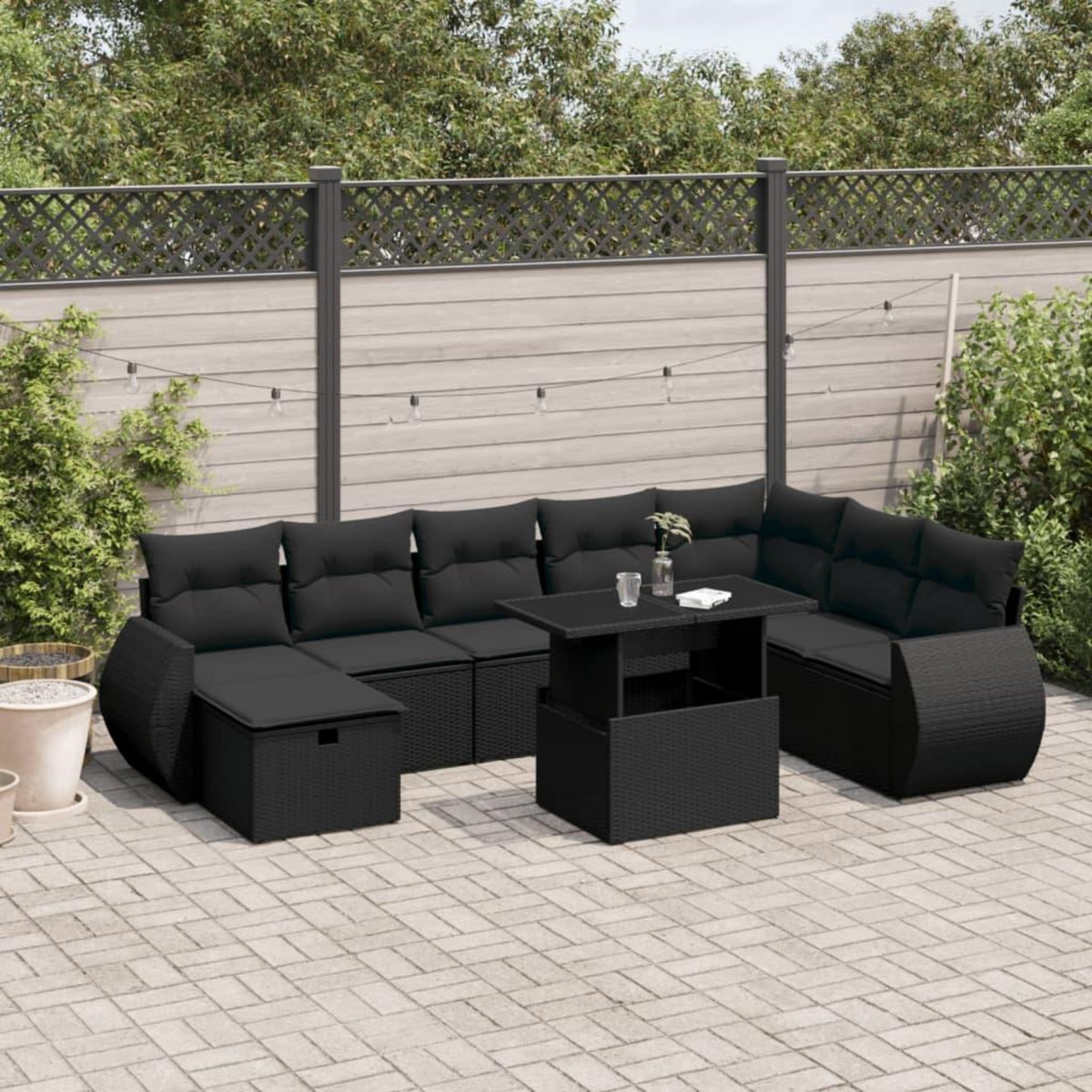 VIDAXL Salon de jardin 9 pcs avec coussins noir resine tressee