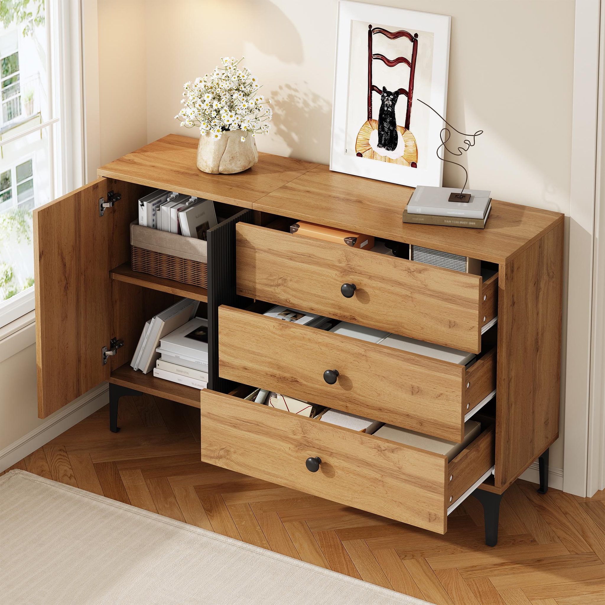 Voir la diapositive 5 : MERAX Buffet 2 porte(s) 3 tiroir(s) - 120 cm naturel panneau de particules