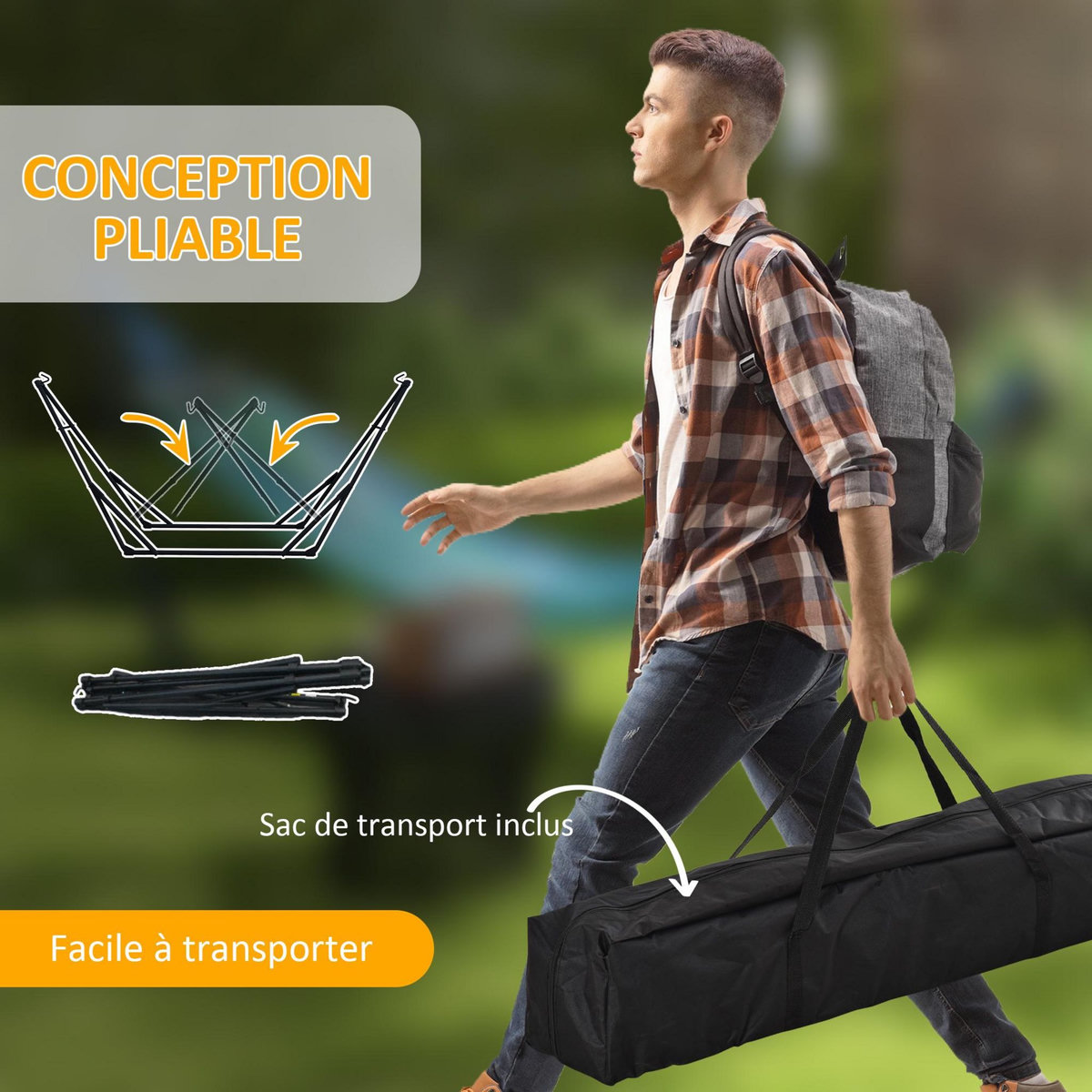 OUTSUNNY Hamac pliable complet - support acier, toile hamac coton - support 2 en 1 hamac chaise suspendue - noir beige