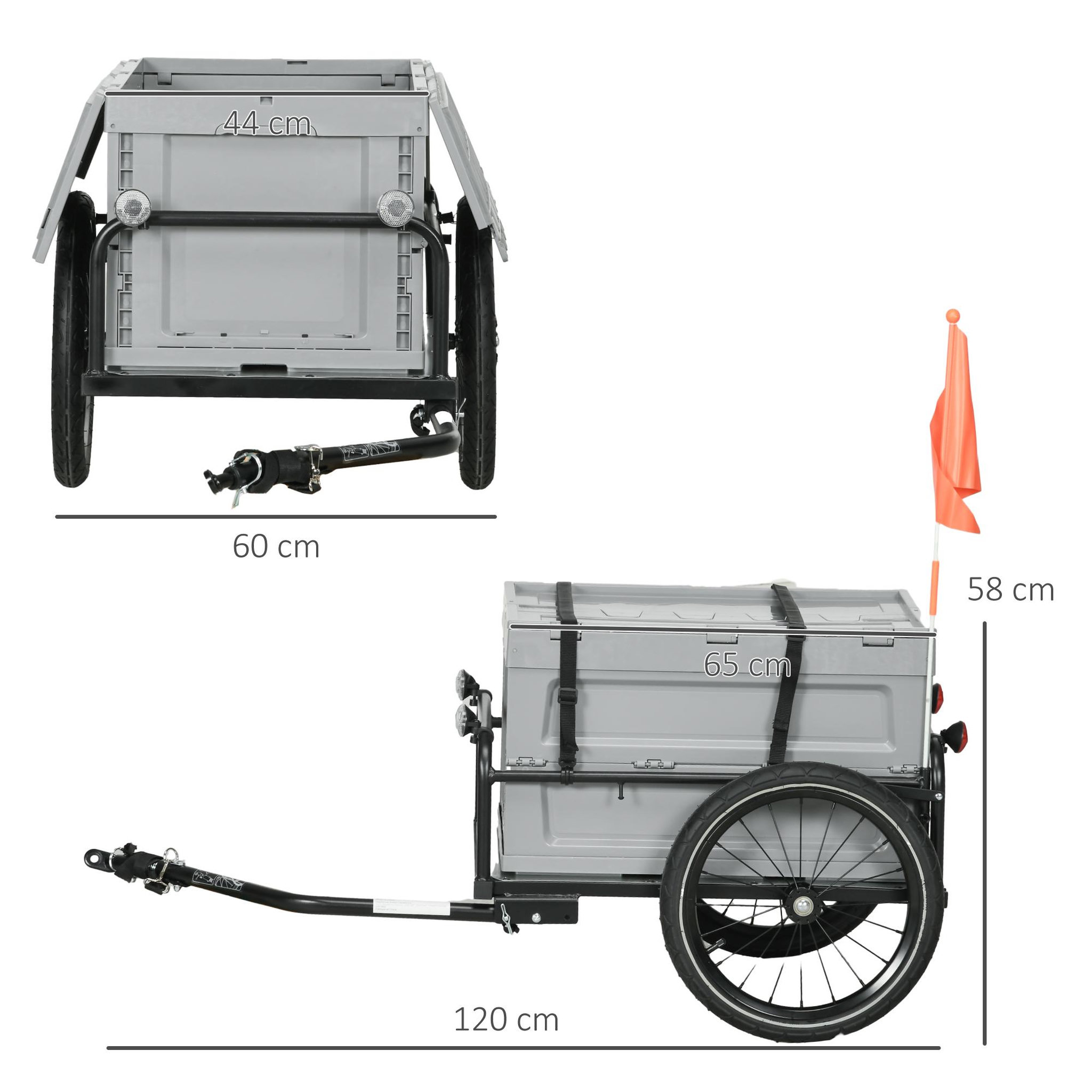 Voir la diapositive 3 : OUTSUNNY Remorque à vélo pliable avec coffre de rangement charge max. 40 Kg gris