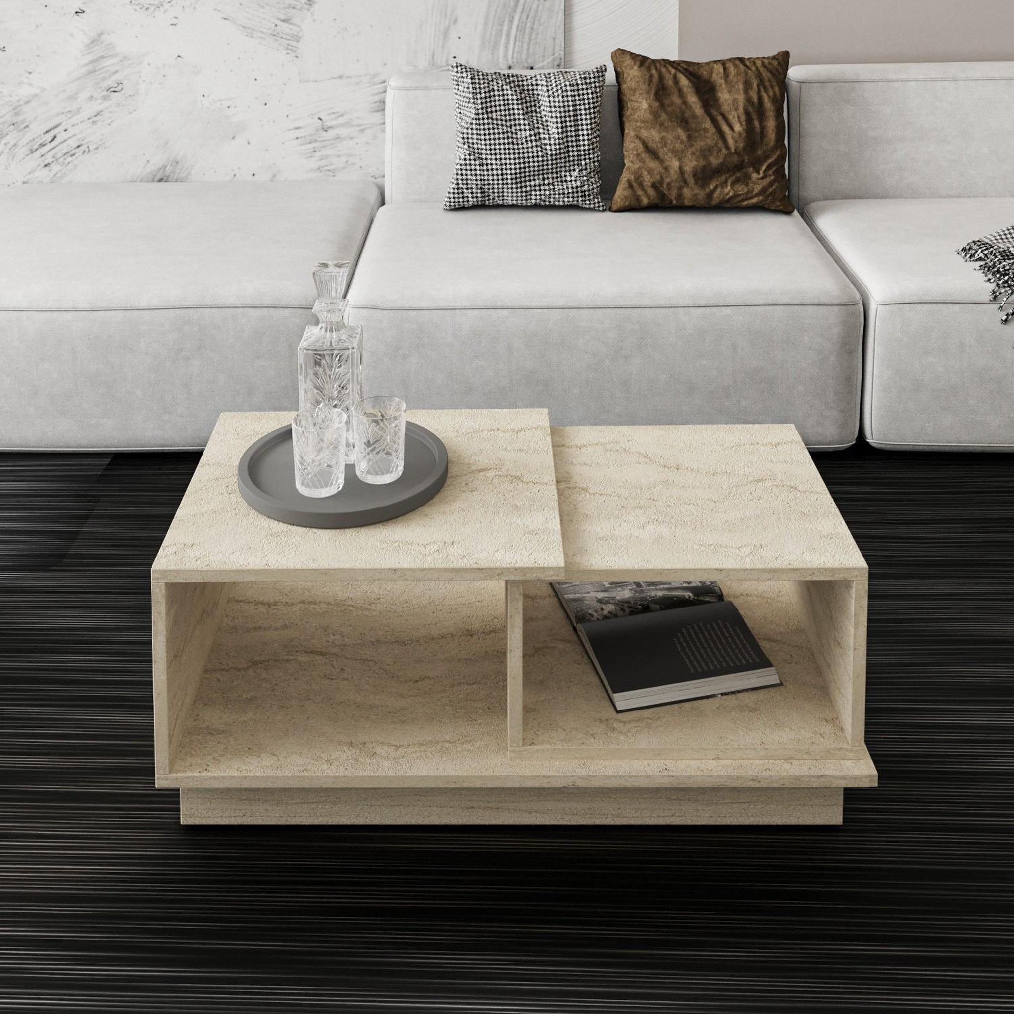 Voir la diapositive 2 : Habitat et Jardin Table basse en bois  Consept  - 90 x 45 x 36 cm - Travertin