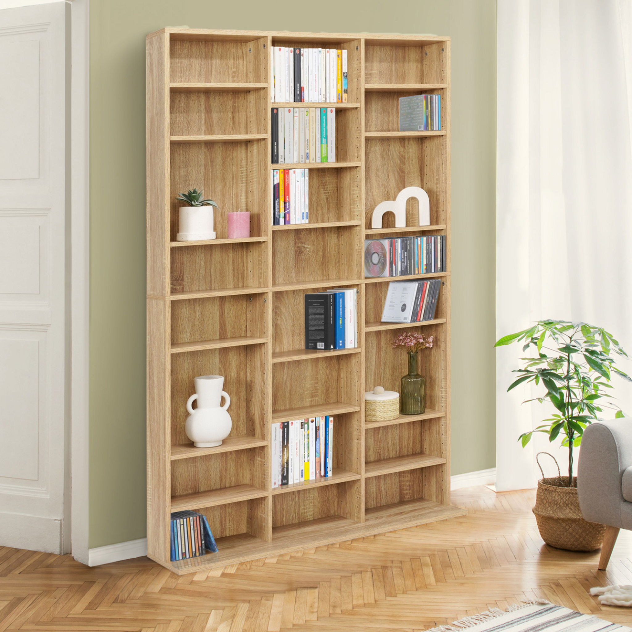 Voir la diapositive 2 : ID MARKET Bibliothèque étagère cd ceylia 30 cases avec étagères modulables effet bois
