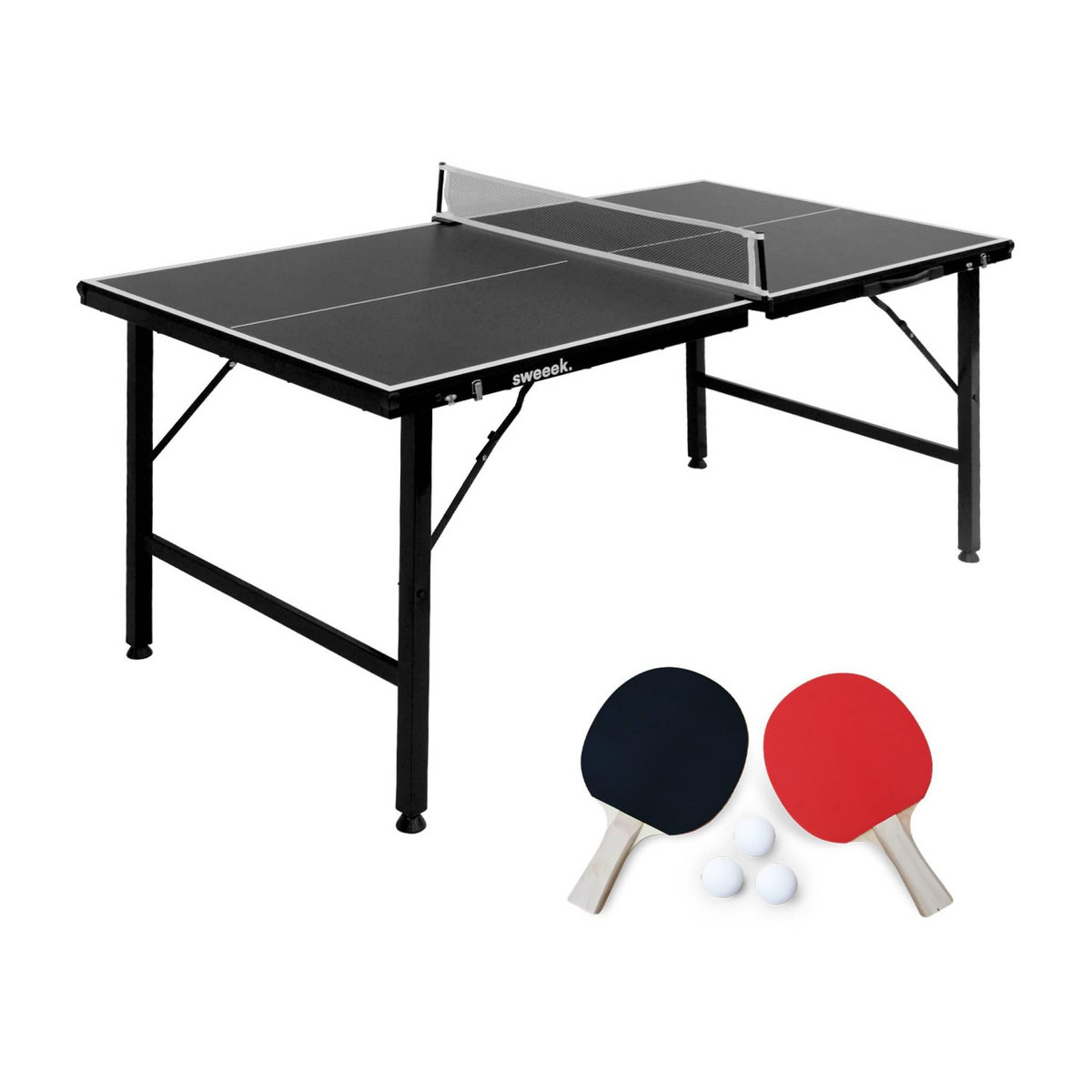 SWEEEK Mini table de ping pong pliable 150x75cm INDOOR, avec 4 raquettes et 6 balles, pour utilisation intérieure
