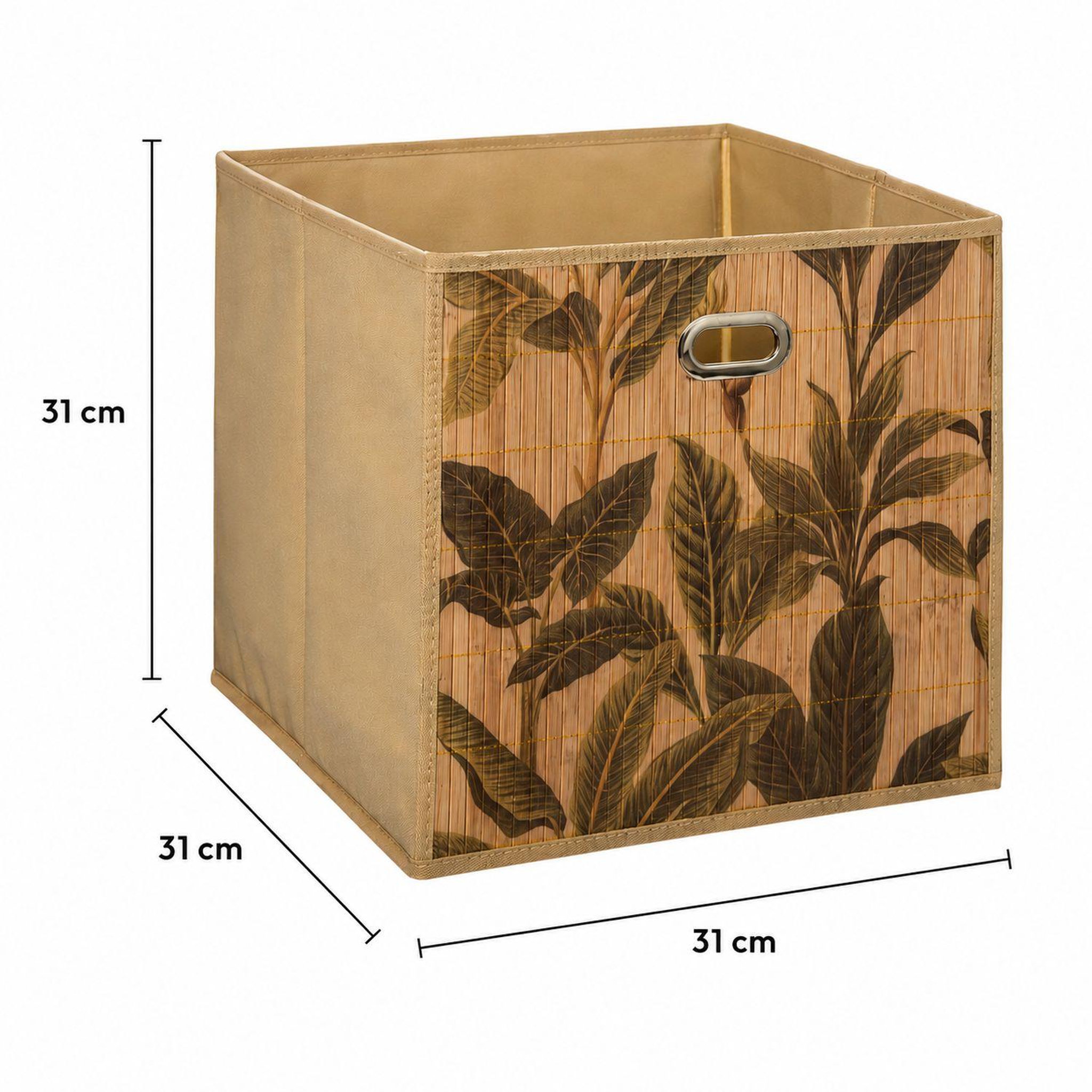 Voir la diapositive 3 : TOILINUX Lot de 2 boîtes de rangement imprimé tropical en bambou et tissu - l.31 x l.31 x h.31 cm - marron