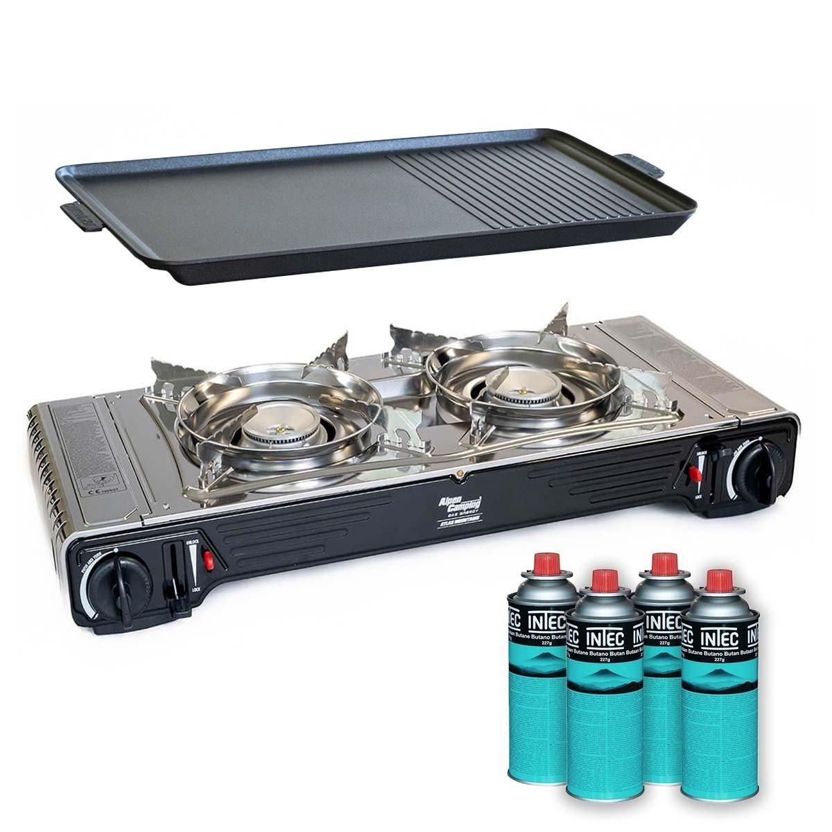 INTEC Kit Plancha Gaz 2en1 Complet - Réchaud 2 feux Inox 4400W + Plaque Grill + 4 Cartouches Gaz Butane Intérieur/Extérieur INTEC