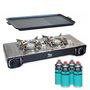 Voir la diapositive 1 : INTEC Kit Plancha Gaz 2en1 Complet - Réchaud 2 feux Inox 4400W + Plaque Grill + 4 Cartouches Gaz Butane Intérieur/Extérieur INTEC