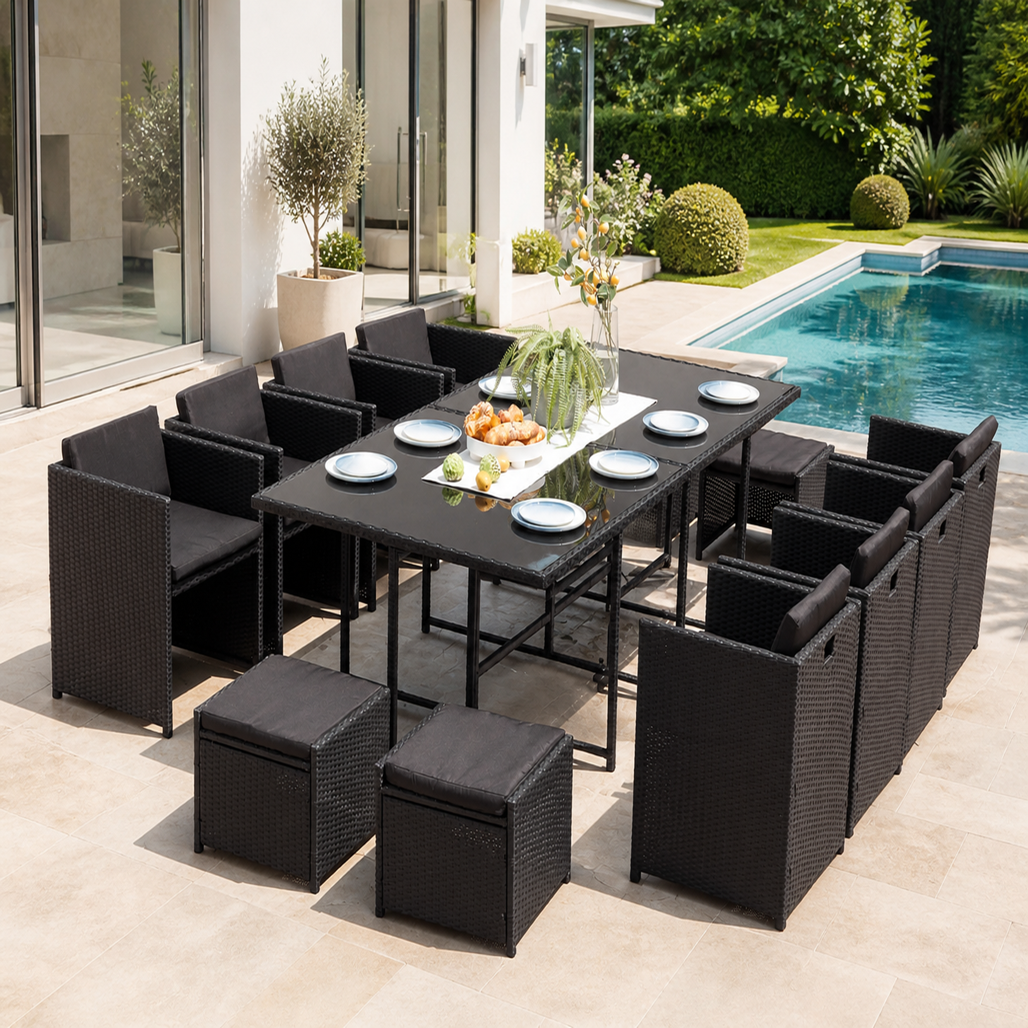 Voir la diapositive 2 : CONCEPT USINE Table et chaises 12 places encastrables en résine noir-noir miami