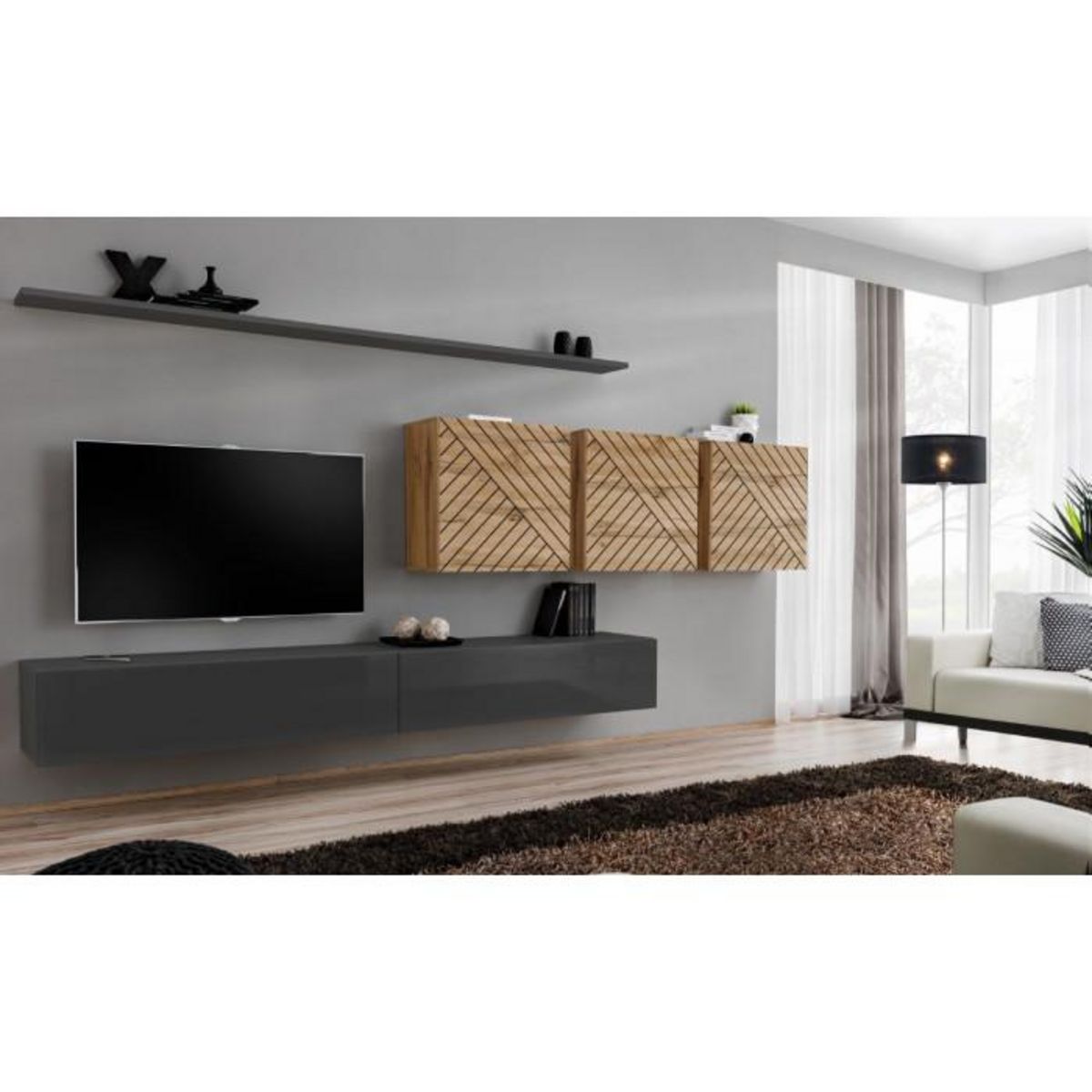 Paris Prix Ensemble Meuble TV  Switch Lamel VII  340cm Gris & Naturel