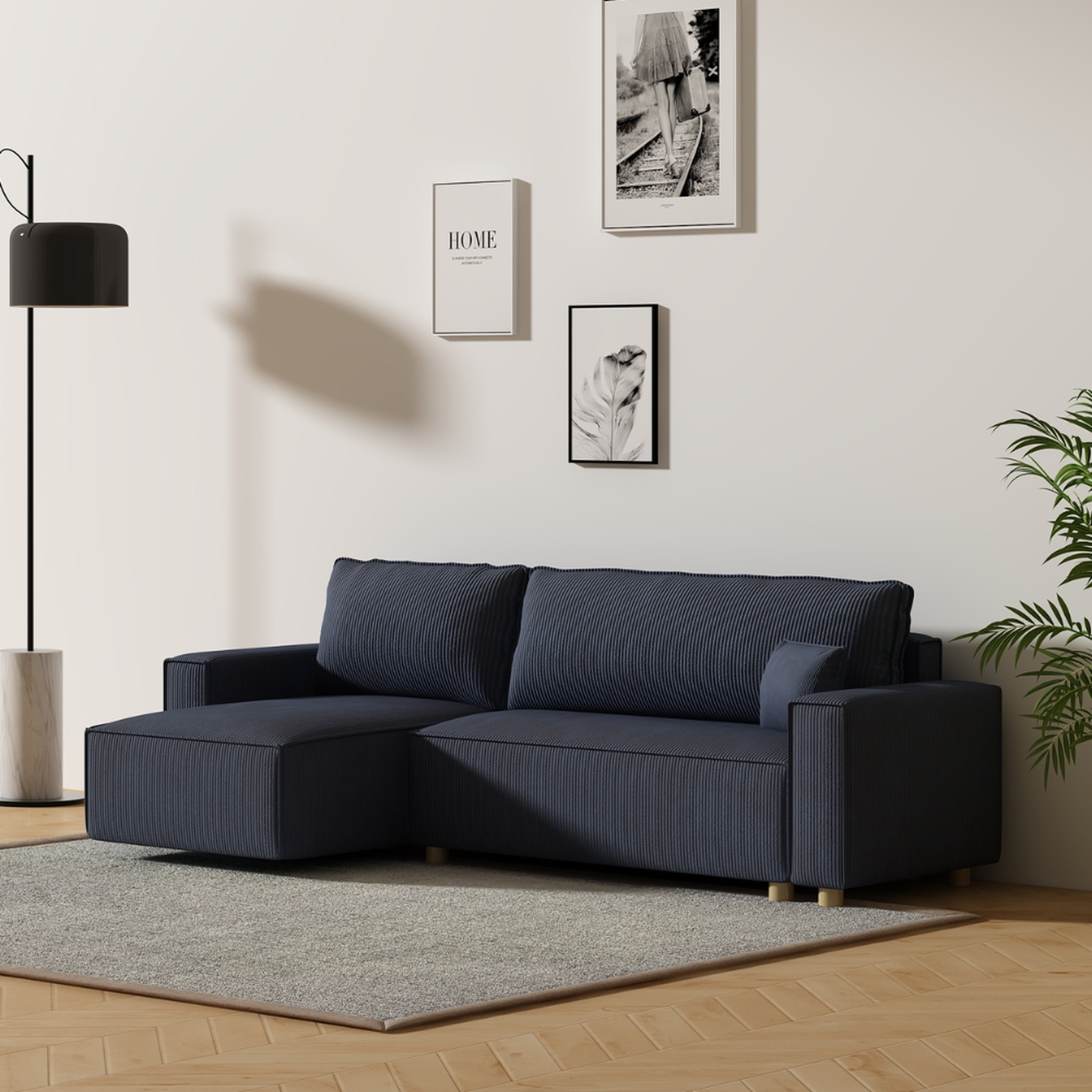 Voir la diapositive 3 : CONCEPT USINE Canapé convertible d'angle en velours côtelé bleu cosy