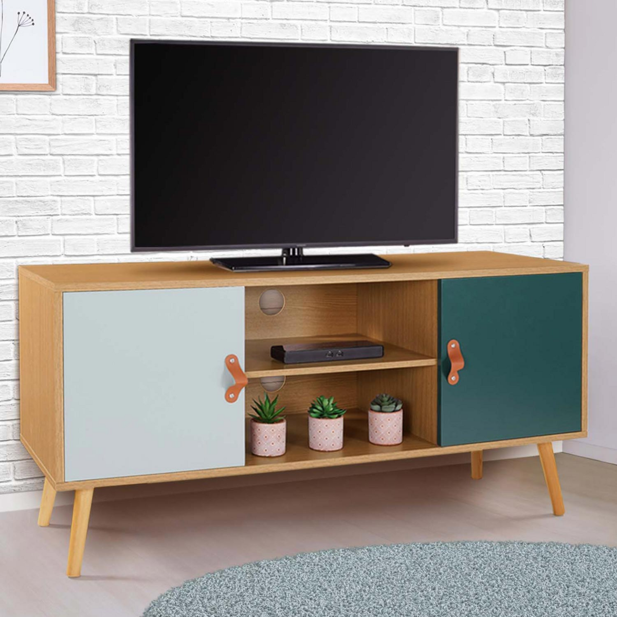 ID MARKET Meuble TV 113 cm scandinave ALIZE bois et vert