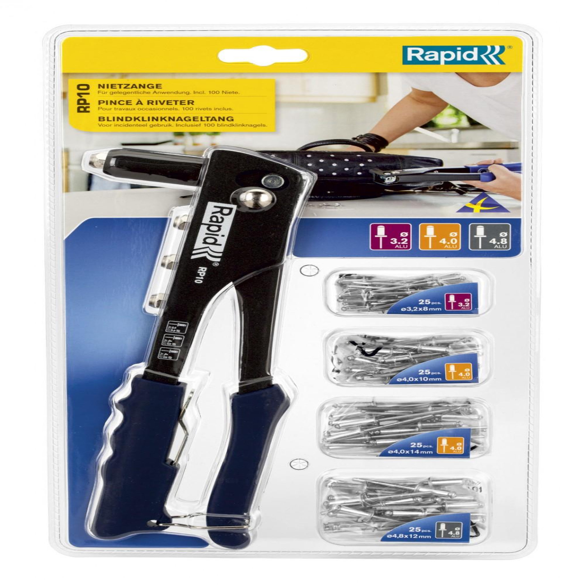 Rapid Lot pince à riveter RAPID RP10 avec 100 rivets aluminium Ø3,2 / 4,0 et 4,8.