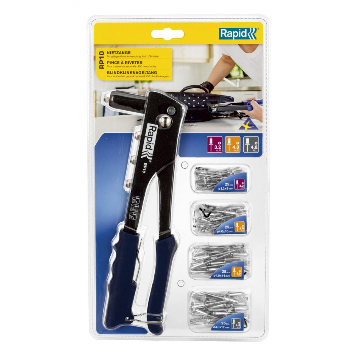 Rapid Lot pince à riveter RAPID RP10 avec 100 rivets aluminium Ø3,2 / 4,0 et 4,8.