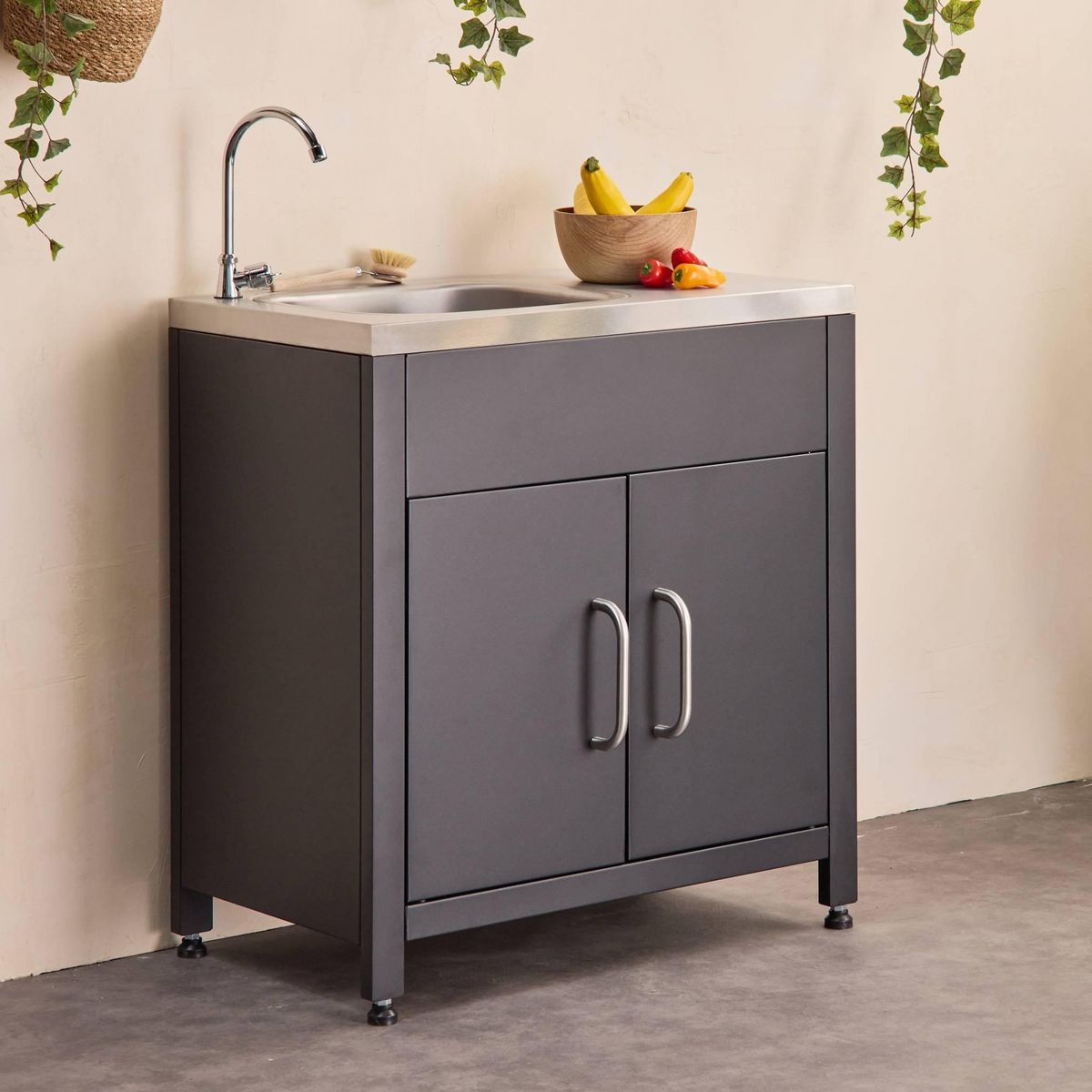 SWEEEK Meuble de cuisine extérieure en acier avec évier L80cm