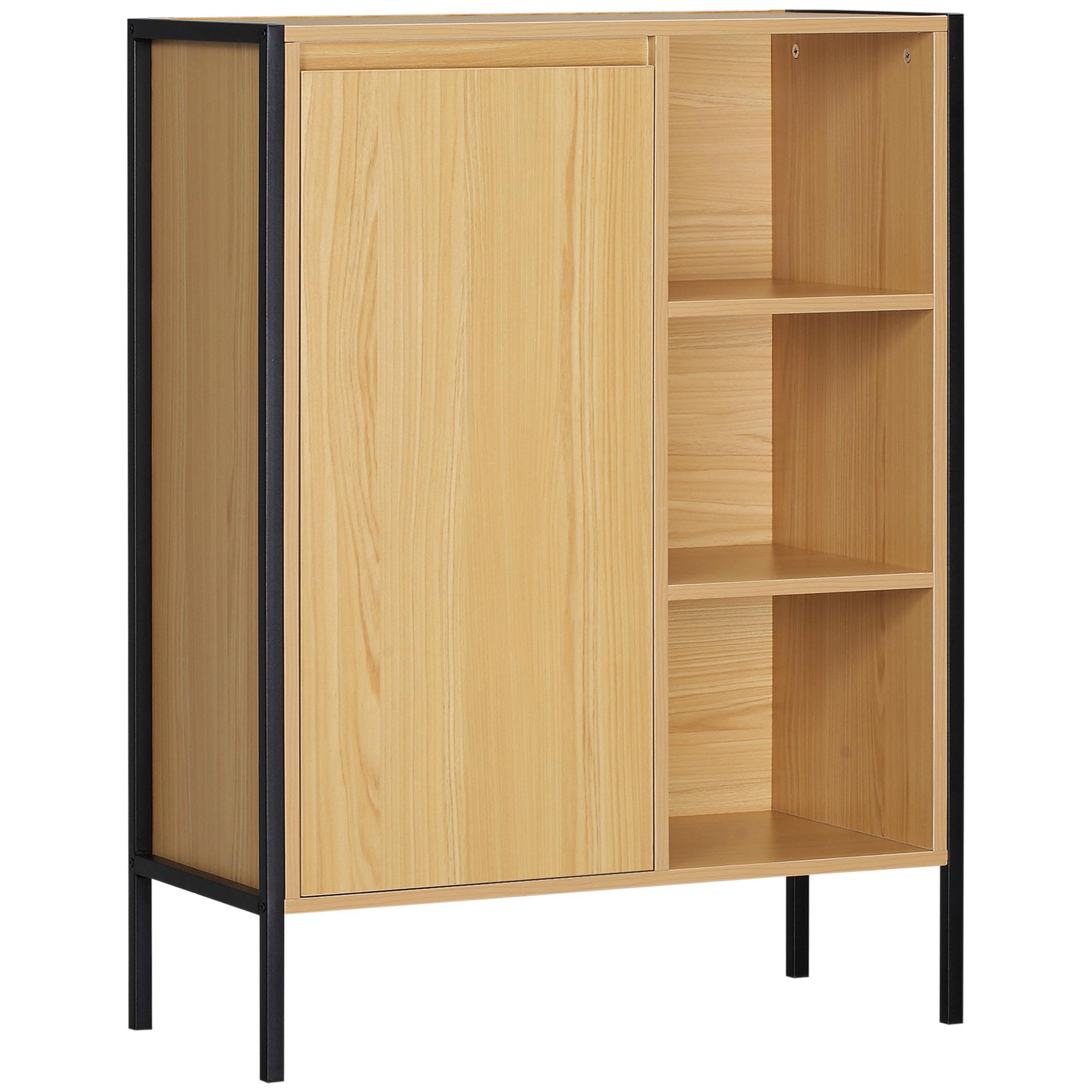 Voir la diapositive 1 : KLEANKIN Meuble salle de bain - porte, étagère, 3 niches - dim. 60L x 28l x 80H cm - châssis acier noir panneaux aspect bois clair