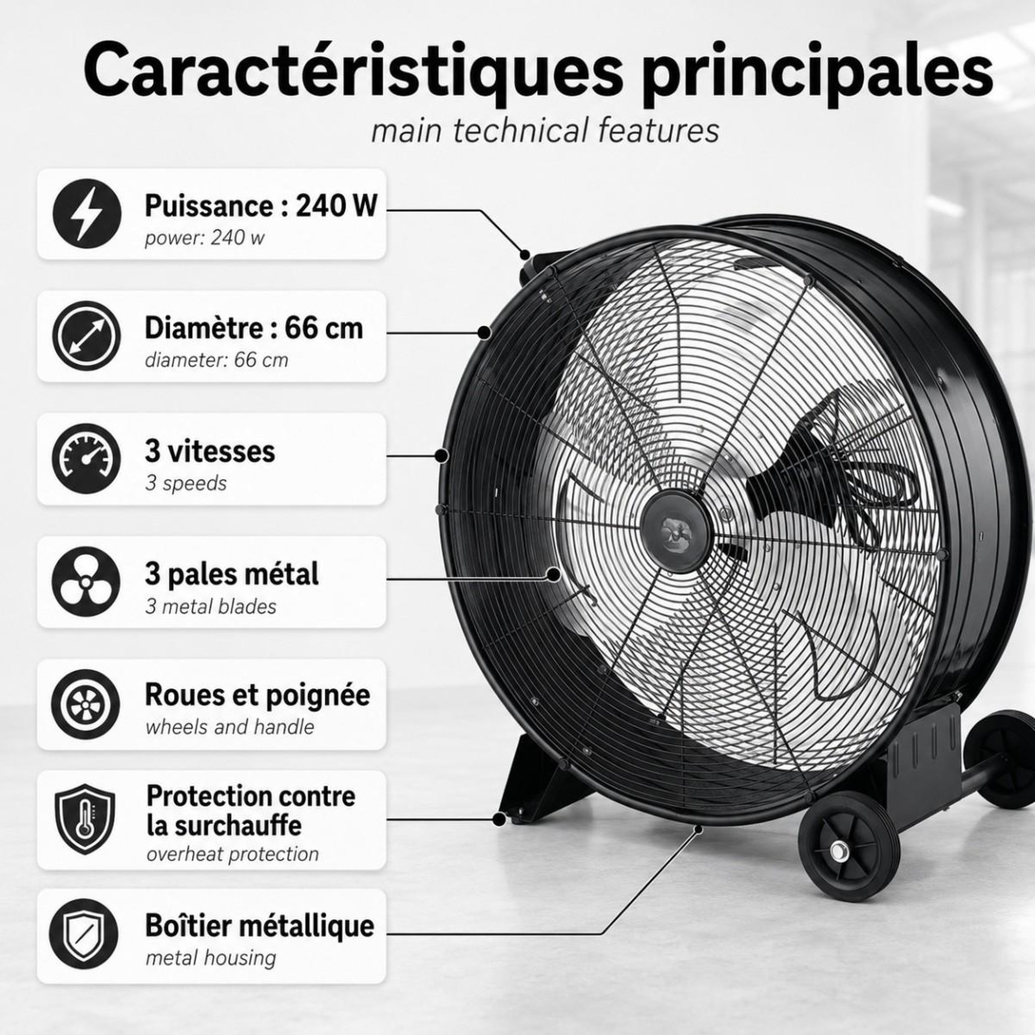 Voir la diapositive 2 : INTEC Ventilateur industriel 240w ø66cm sur roues 3 vitesses 3 pales métal - brasseur d'air puissant atelier garage chantier entrepôt