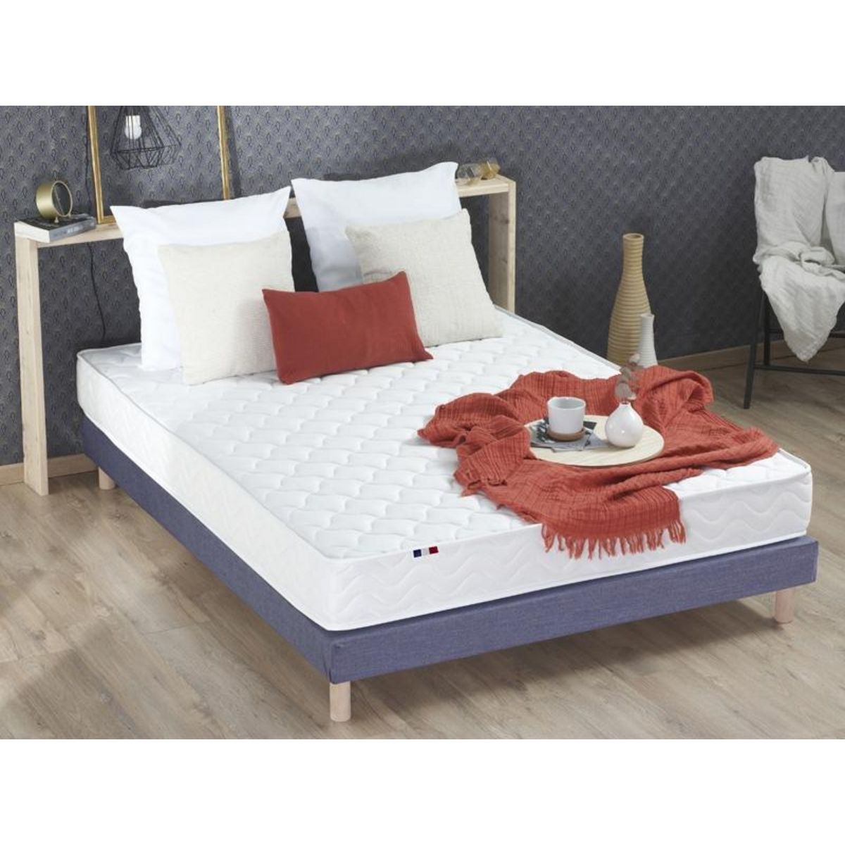 Ensemble matelas 140x190m + lit double adulte avec sommier et  tête de lit RAPHAEL