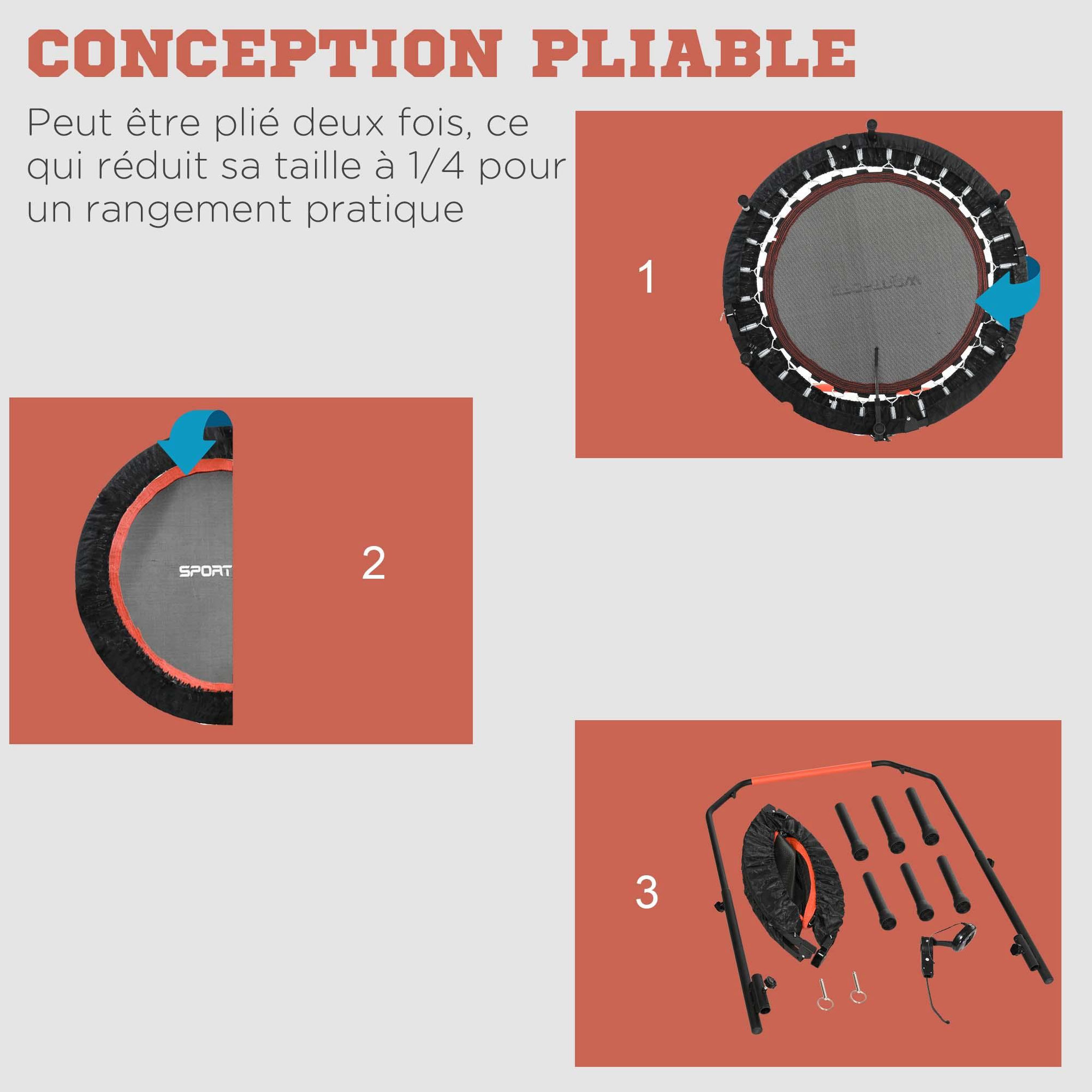 Voir la diapositive 5 : HOMCOM Trampoline de Fitness gym pliable - poignée réglable, écran LCD, 28 ressorts - Ø 102 cm - noir rouge