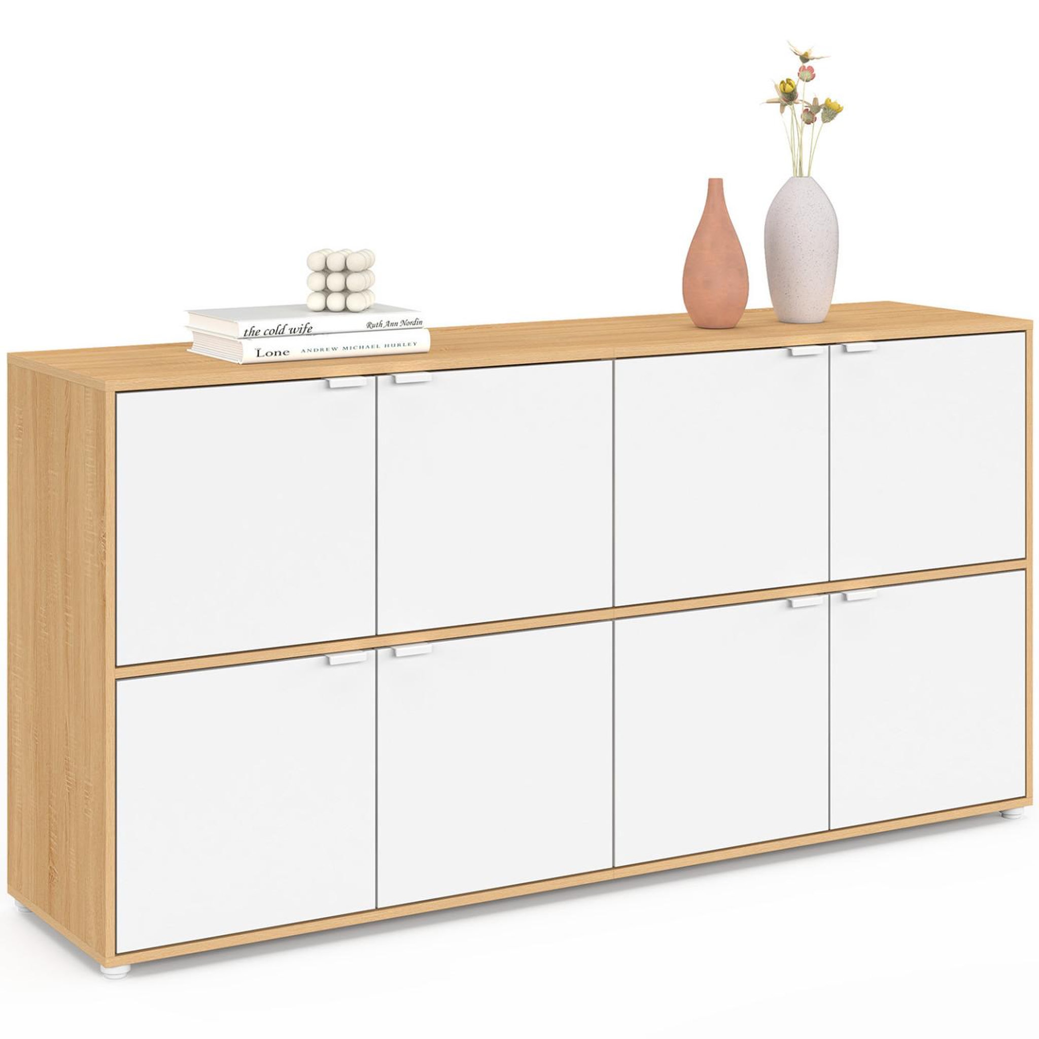 ID MARKET Buffet casier 130 cm cassie 8 portes blanc et bois