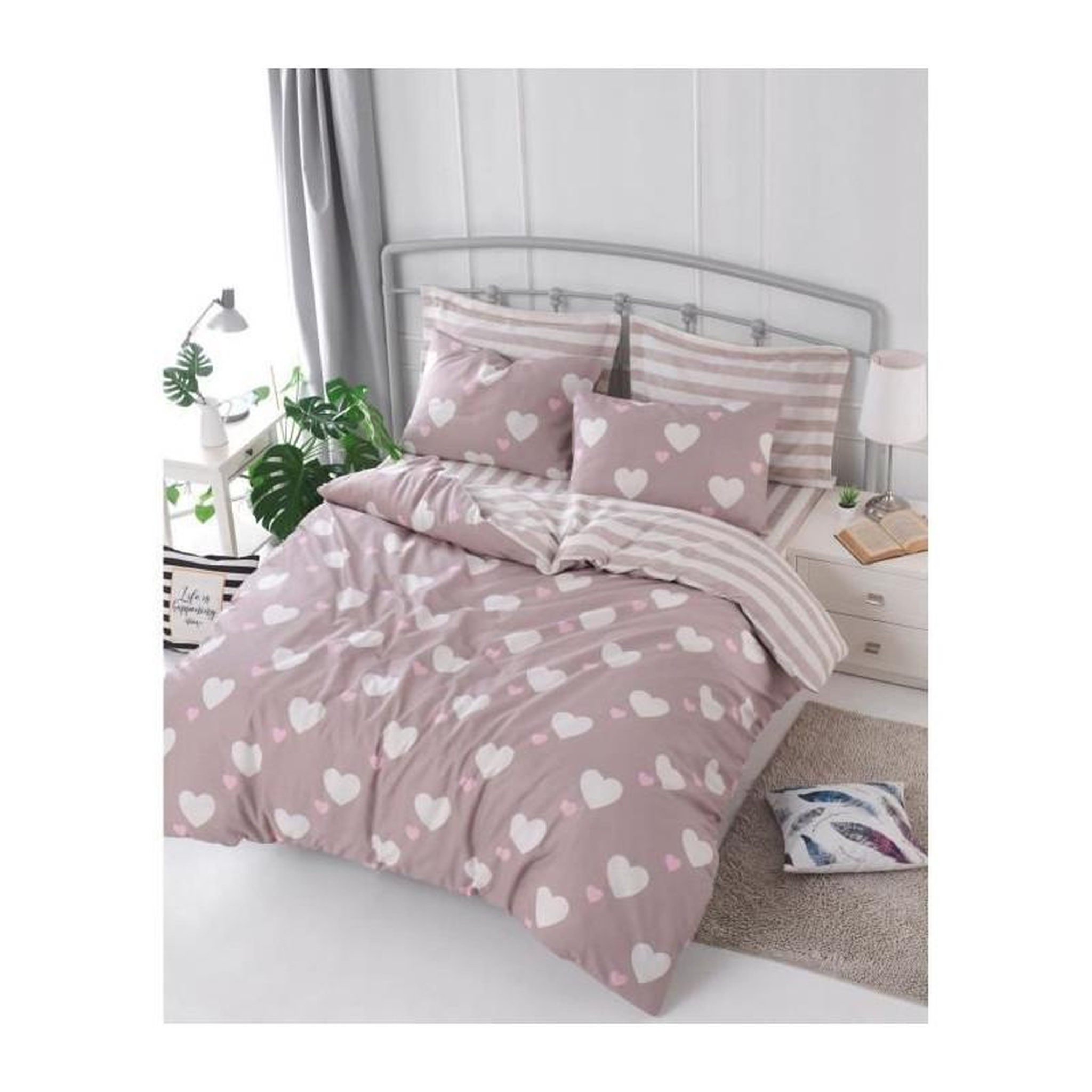 GENERIQUE Parure de lit - 1 housse de couette 220 x 240 cm + 2 taies d'oreiller 60 x 60 cm - 65% coton, 35% polyester - Rose