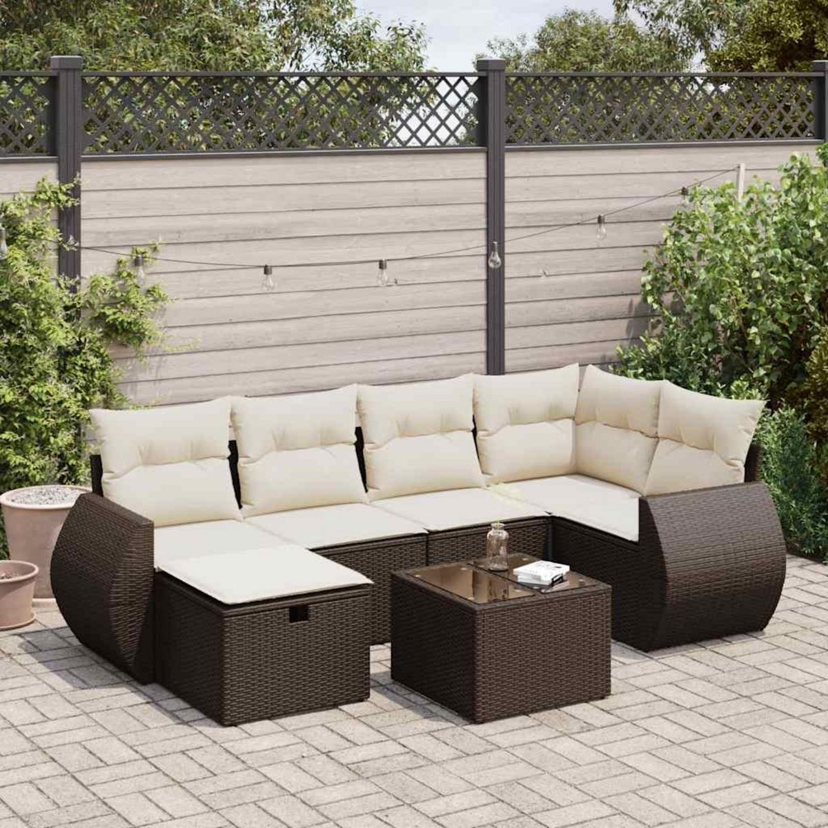 VIDAXL Salon de jardin avec coussins 7 pcs marron resine tressee