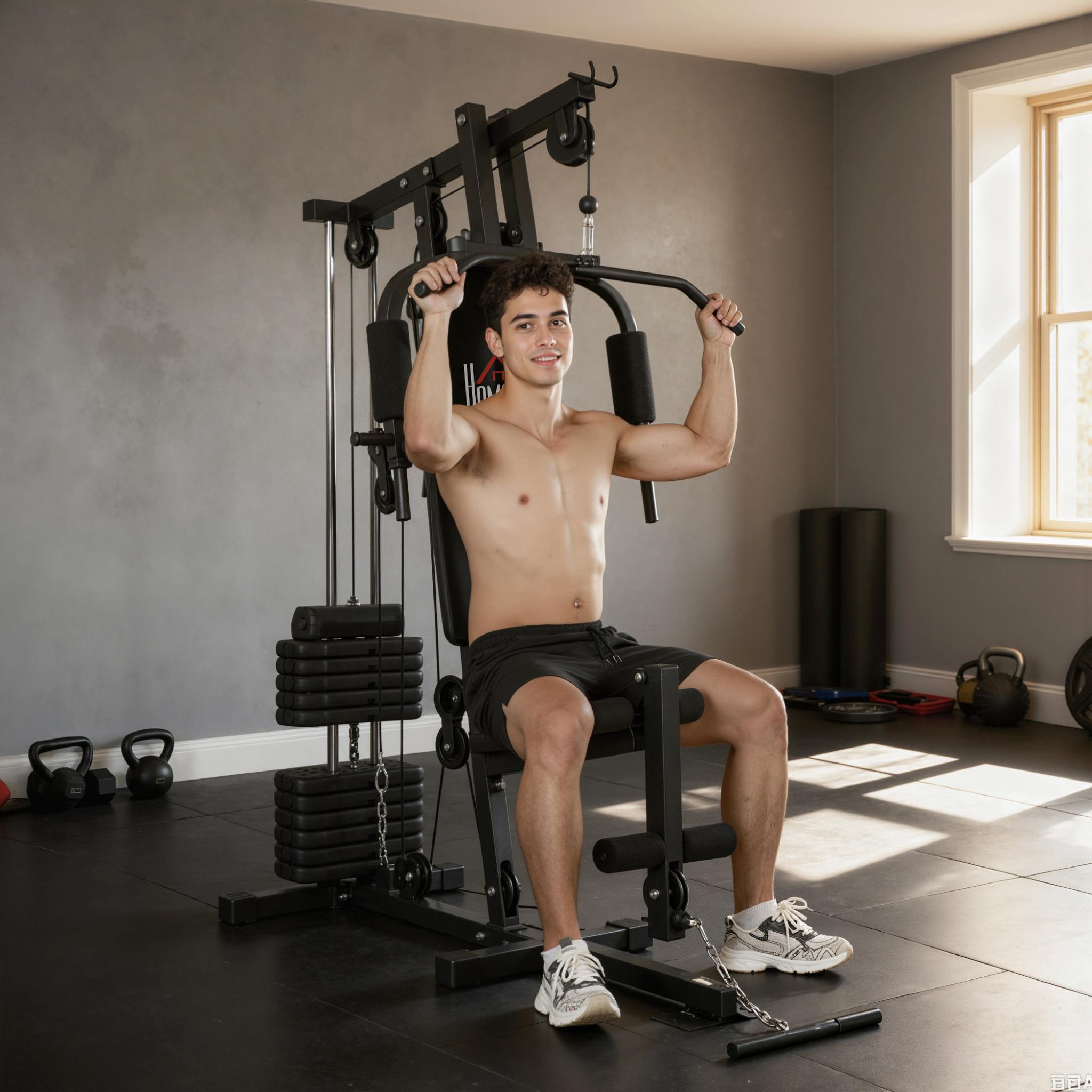 Voir la diapositive 4 : HOMCOM Station de musculation - développé couché, butterfly, barre latissimus, curler, bande résistance - 12 contrepoids - acier noir