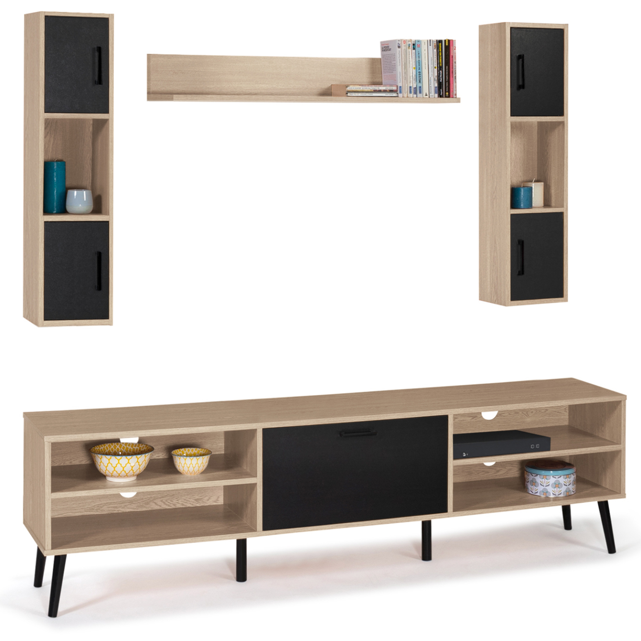 ID MARKET Ensemble meuble tv 180 cm et étagères houston bois et noir