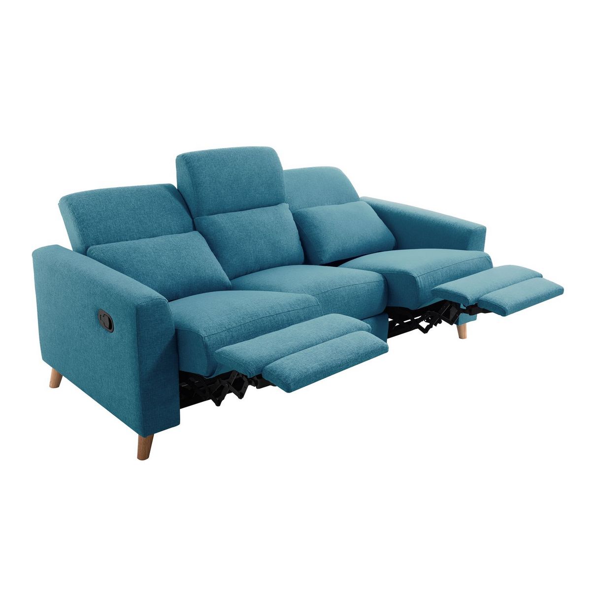 Canapé de relaxation  manuel 3 places en tissu  coloris bleu et pieds bois hêtre BERKAM