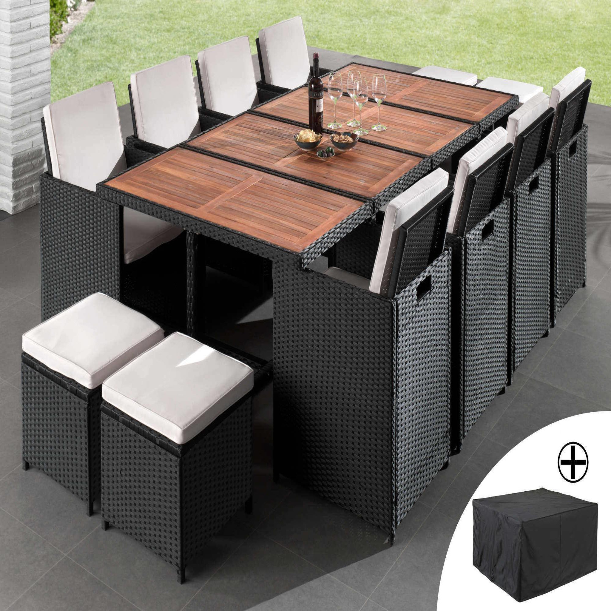 Voir la diapositive 1 : BEST MOBILIER Cuba - salon de jardin encastrable 12 places - en résine tressée - noir avec coussins beiges + housse de protection