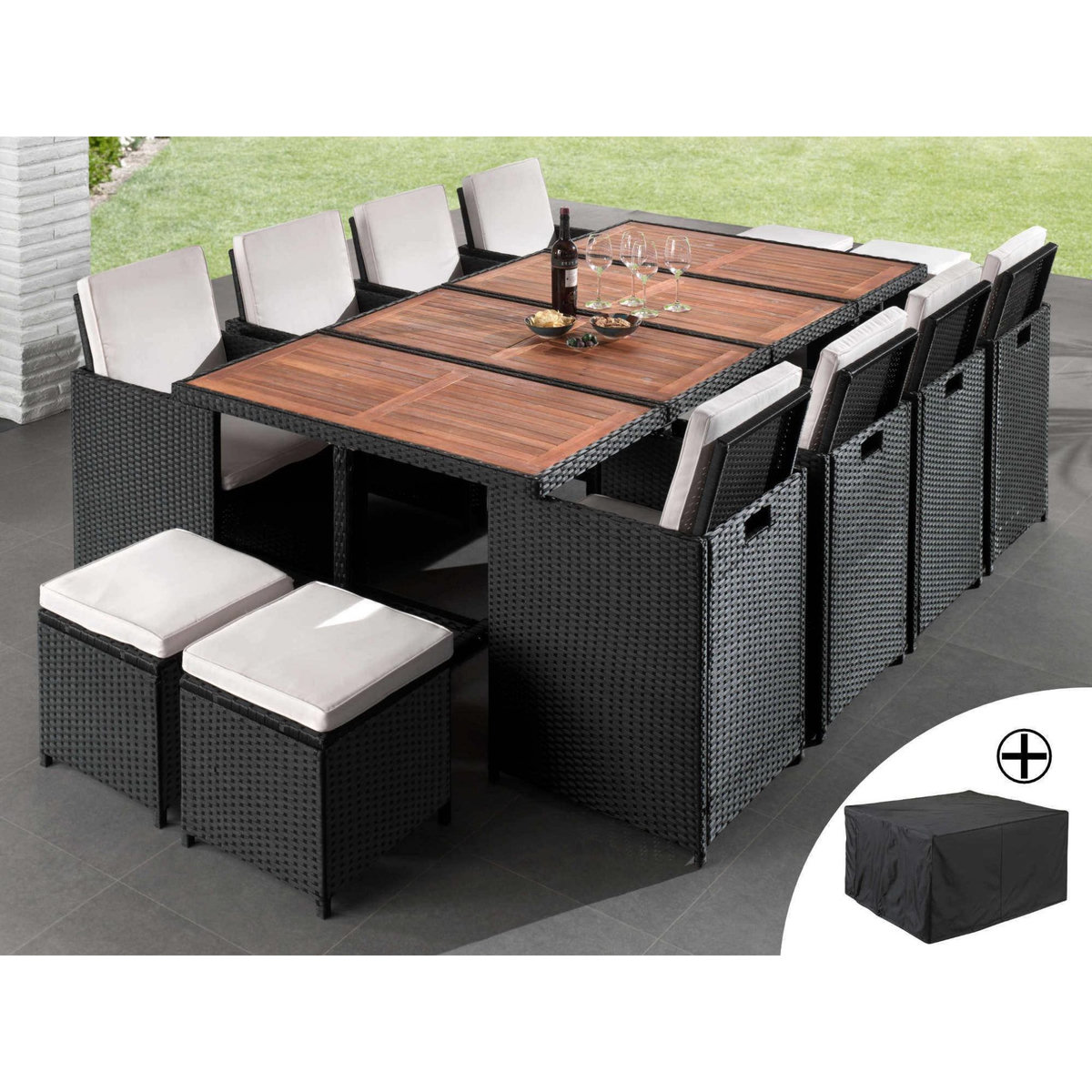 BEST MOBILIER Cuba - salon de jardin encastrable 12 places - en résine tressée - noir avec coussins beiges + housse de protection