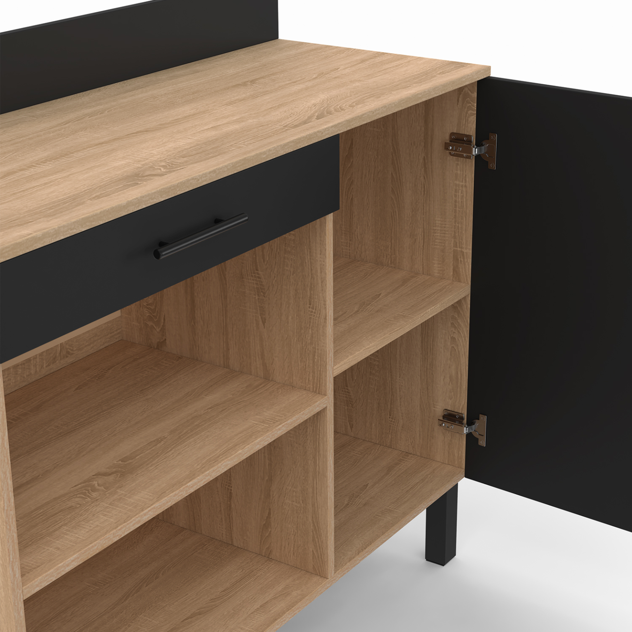 Voir la diapositive 6 : ID MARKET Buffet bas de cuisine 100 cm cina plan de travail h.83 cm 1 porte + 1 tiroir façon hêtre et noir