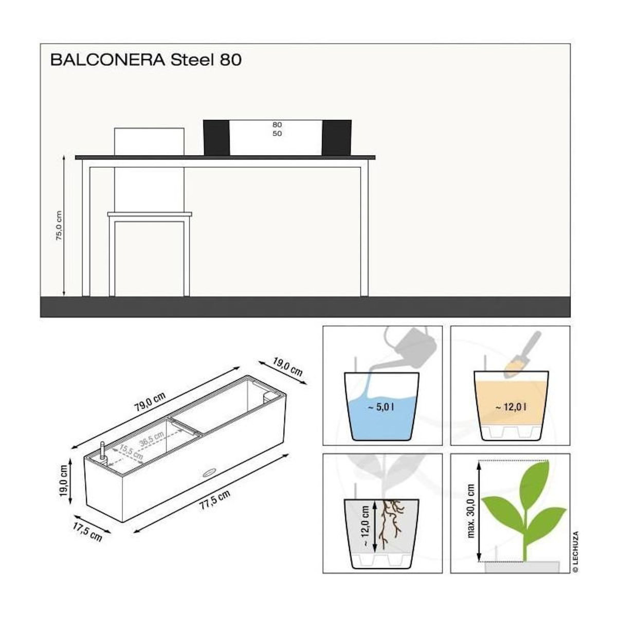 LECHUZA Pot de fleur LECHUZA Balconera Steel 80, gris perle satiné