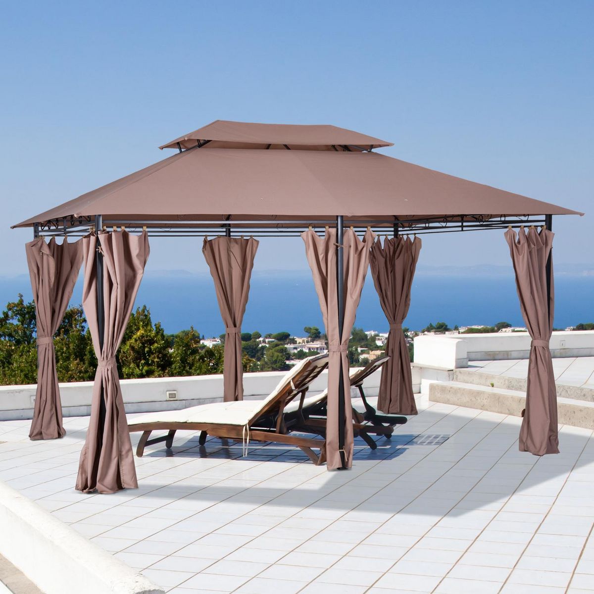 OUTSUNNY Tonnelle barnum pavillon de jardin style colonial double toit toiles latérales amovibles 3L x 4l x 2,65H m chocolat