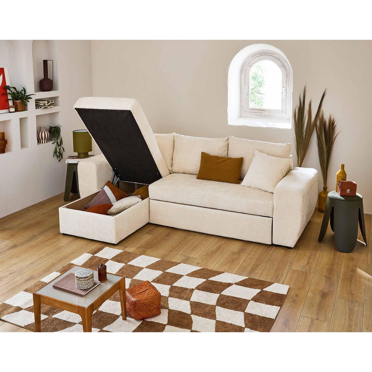 BEST MOBILIER Milan - canapé d'angle réversible 4 places - convertible avec coffre - en velours texturé