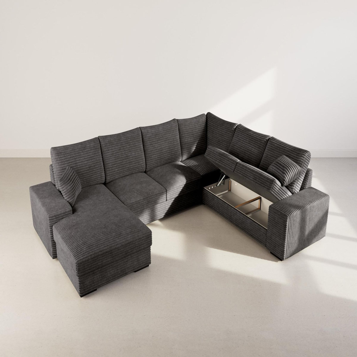 BEST MOBILIER Lorie - canapé panoramique d'angle droit 7 places convertible en velours côtelé grosse côte avec coffre