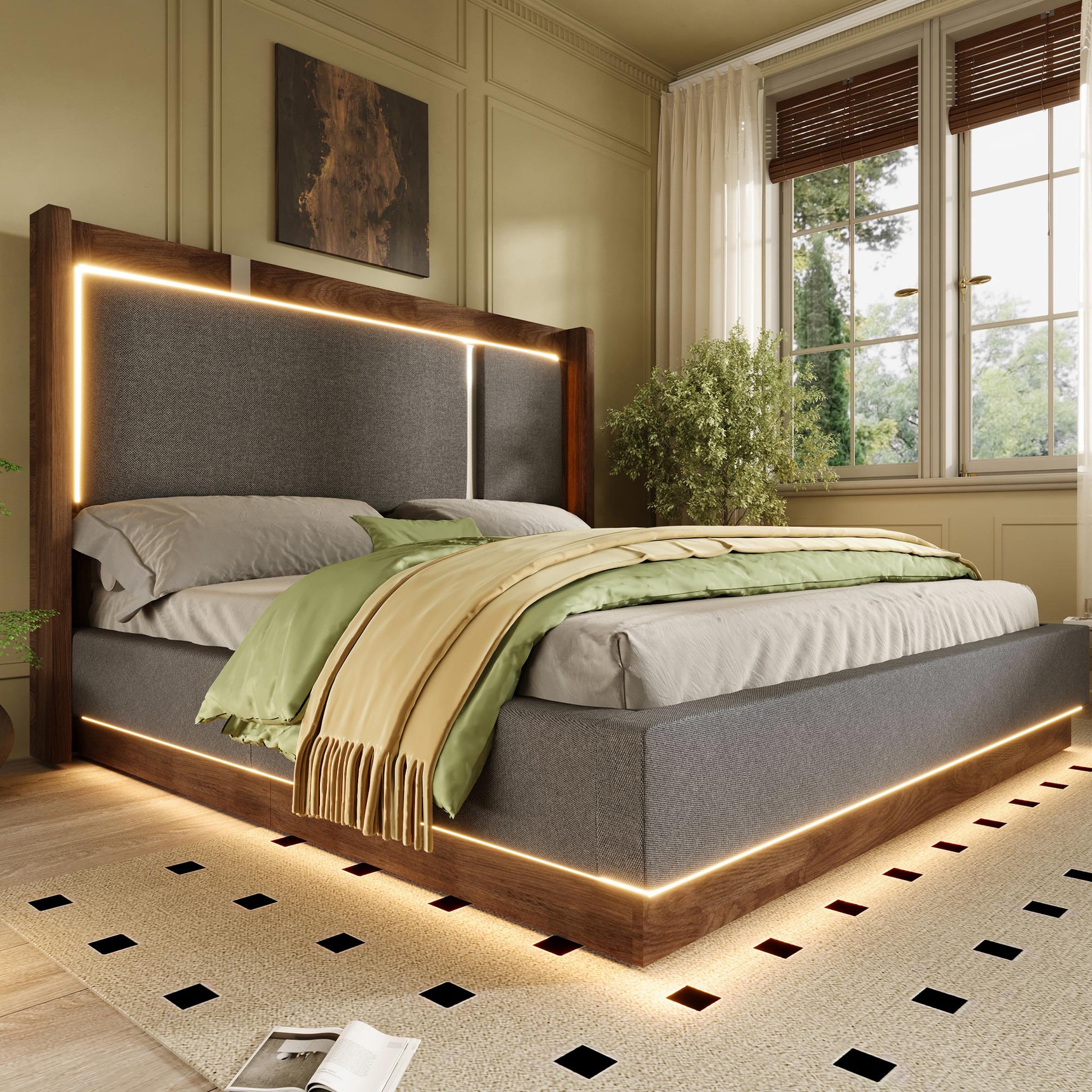 Voir la diapositive 4 : MERAX Lit double avec rangement hydraulique led tissu lin