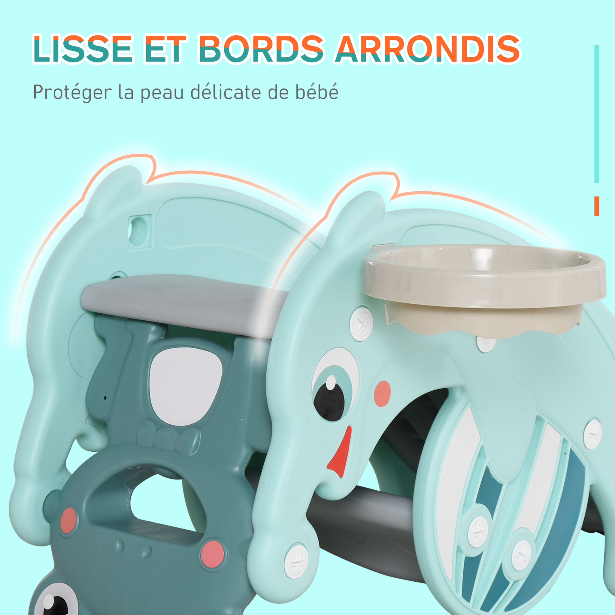 Voir la diapositive 6 : HOMCOM Cheval à bascule grenouille 3 en 1 toboggan panier basket 3 à 5 ans dim. 72L x 34l x 47H cm bleu turquoise
