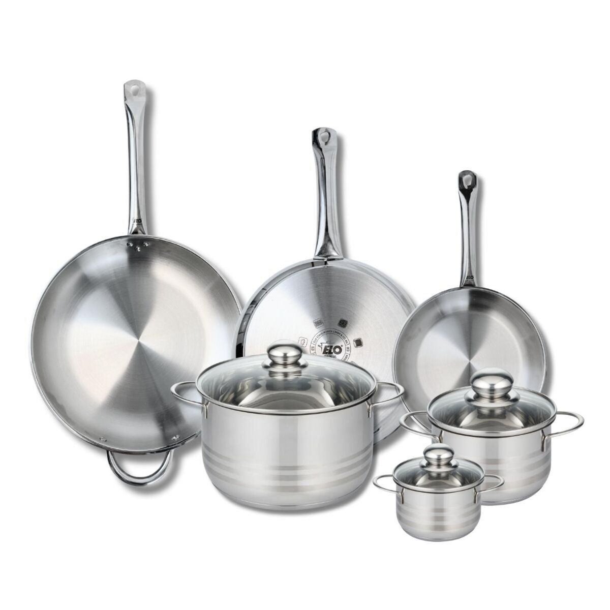 ELO Ensemble de 3 Poêles de cuisson 24, 28 et 32 cm et 3 faitouts 12, 16 et 24 cm Elo Profi Brillant