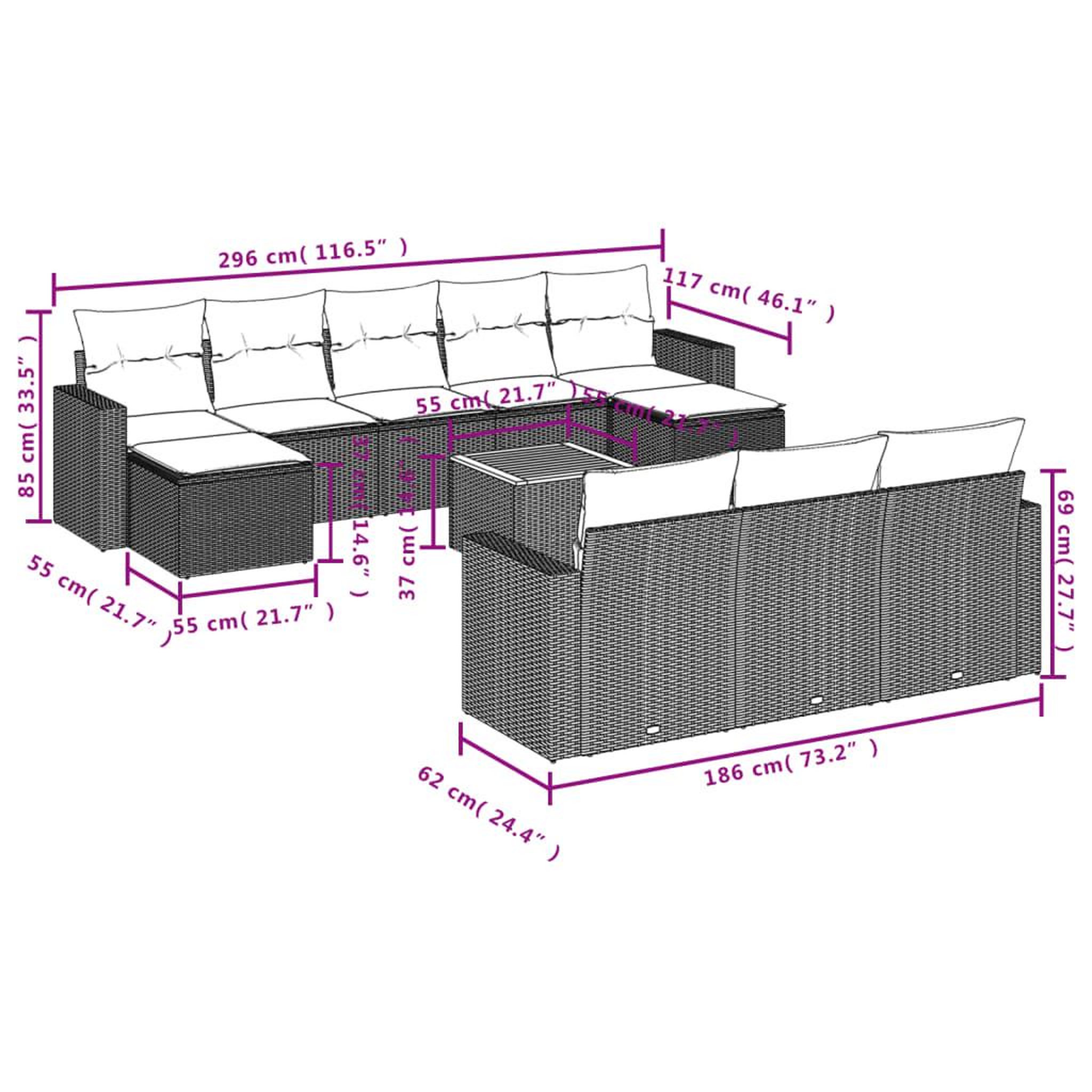 Voir la diapositive 3 : VIDAXL Salon de jardin 11 pcs avec coussins gris resine tressee
