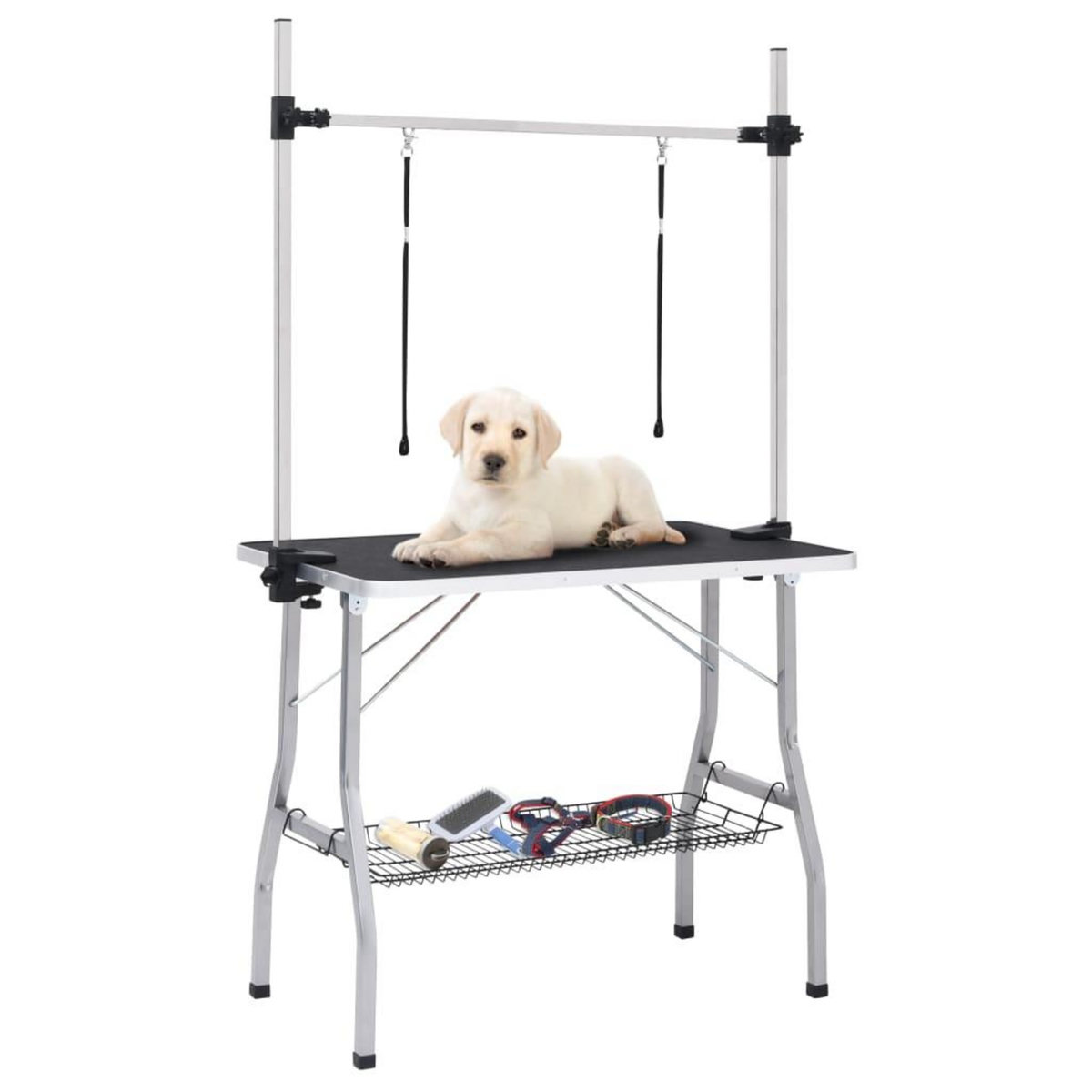 VIDAXL Table de toilettage reglable de chiens avec 2 boucles et panier