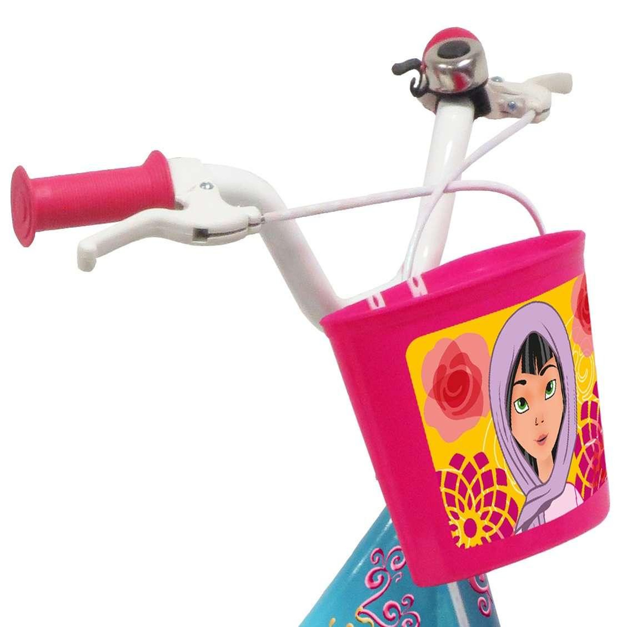 Voir la diapositive 3 : Vélo enfant - Modèle 14'' Princesse des sables pour enfant de 95/110 cm avec stabilisateurs - Panier avant - Porte poupée arrière - 2 freins