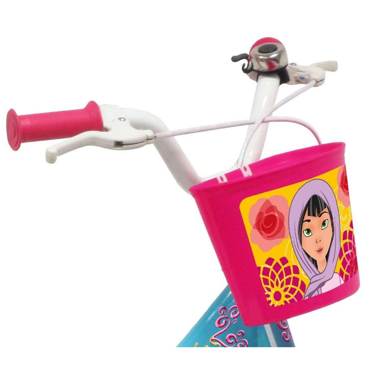 Vélo enfant - Modèle 14'' Princesse des sables pour enfant de 95/110 cm avec stabilisateurs - Panier avant - Porte poupée arrière - 2 freins