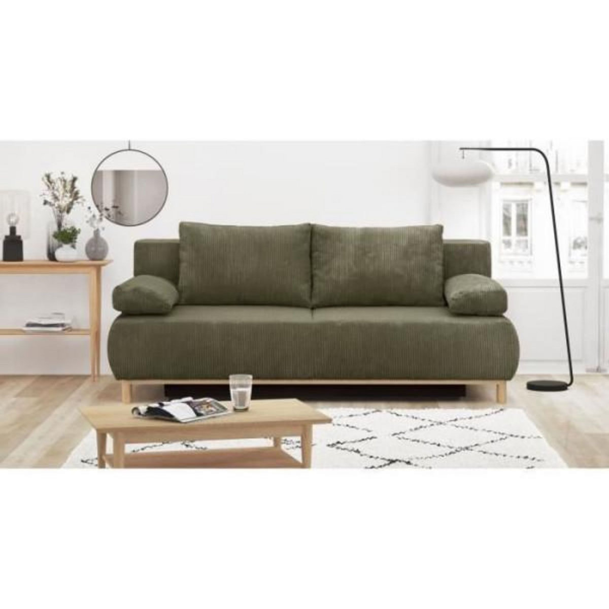 MARKET24 Banquette convertible 3 places MIKA - Velours côtelé vert kaki - Coffre de rangement - L 192 x H 84 x P 93 cm